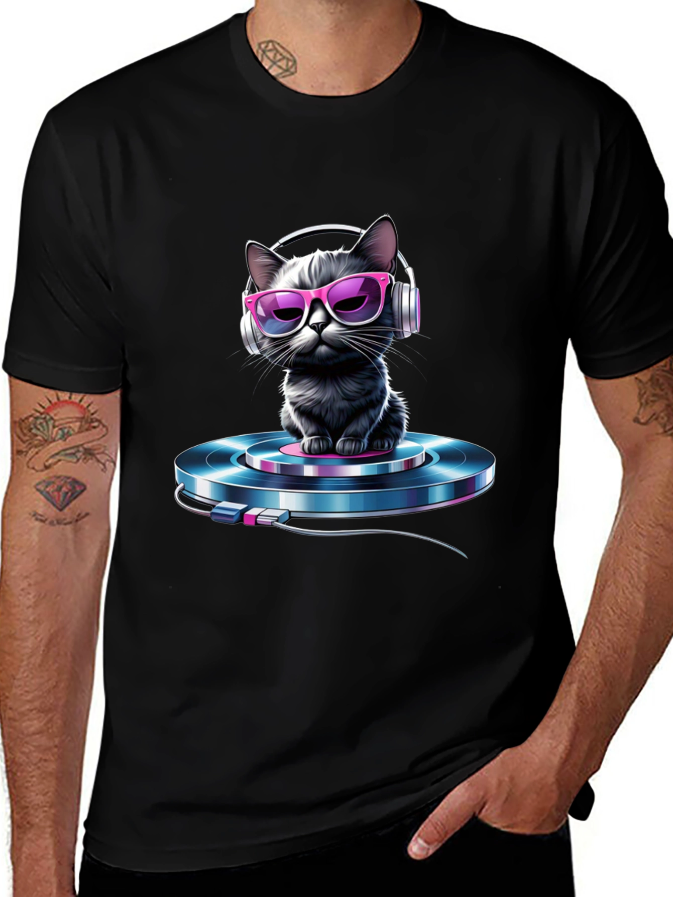 Cool Cat DJ T-Shirt - Black Graphic Tee