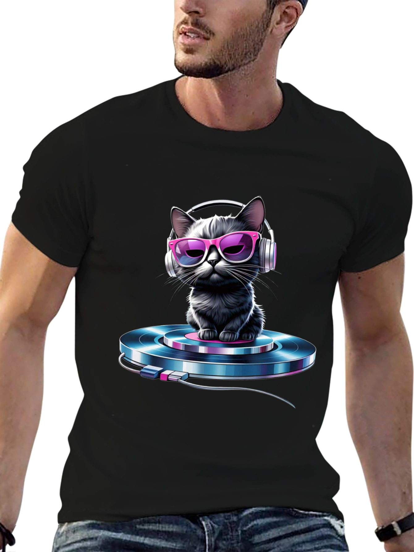 Cool Cat DJ T-Shirt - Black Graphic Tee
