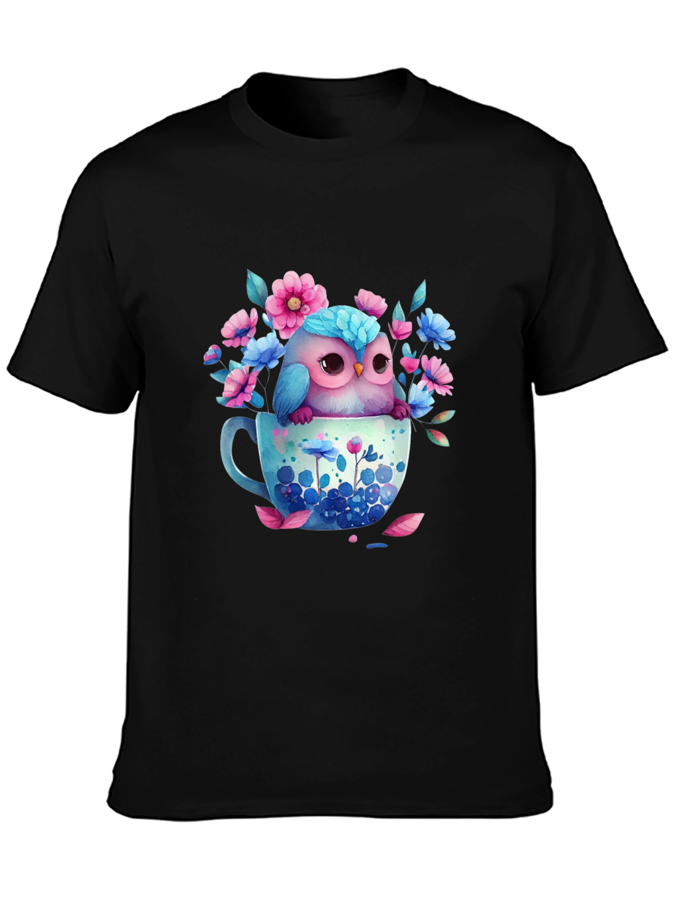 Owl in Teacup Floral Graphic Tee - Black