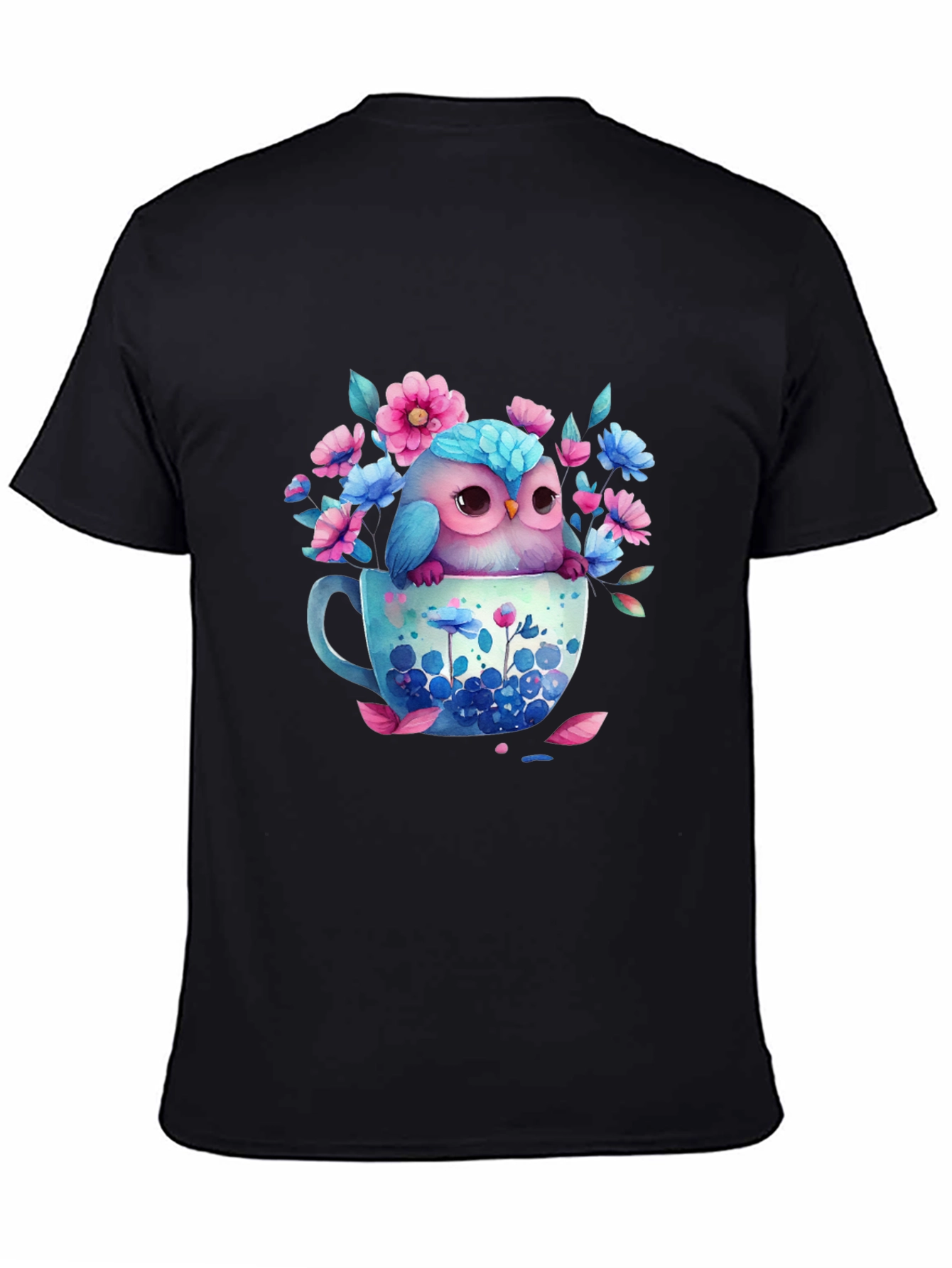 Owl in Teacup Floral Graphic Tee - Black