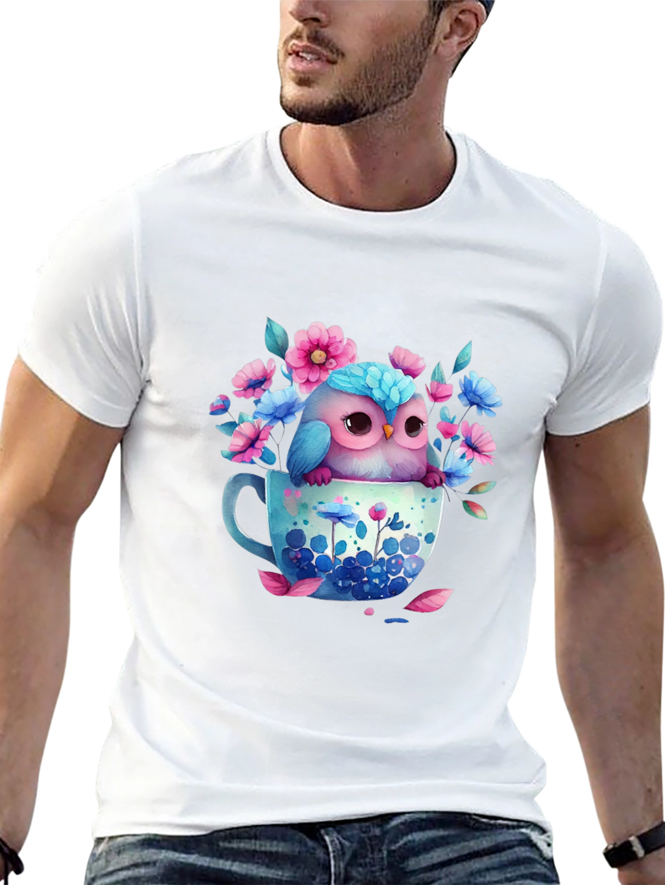 Owl in Teacup Floral Graphic Tee - Black