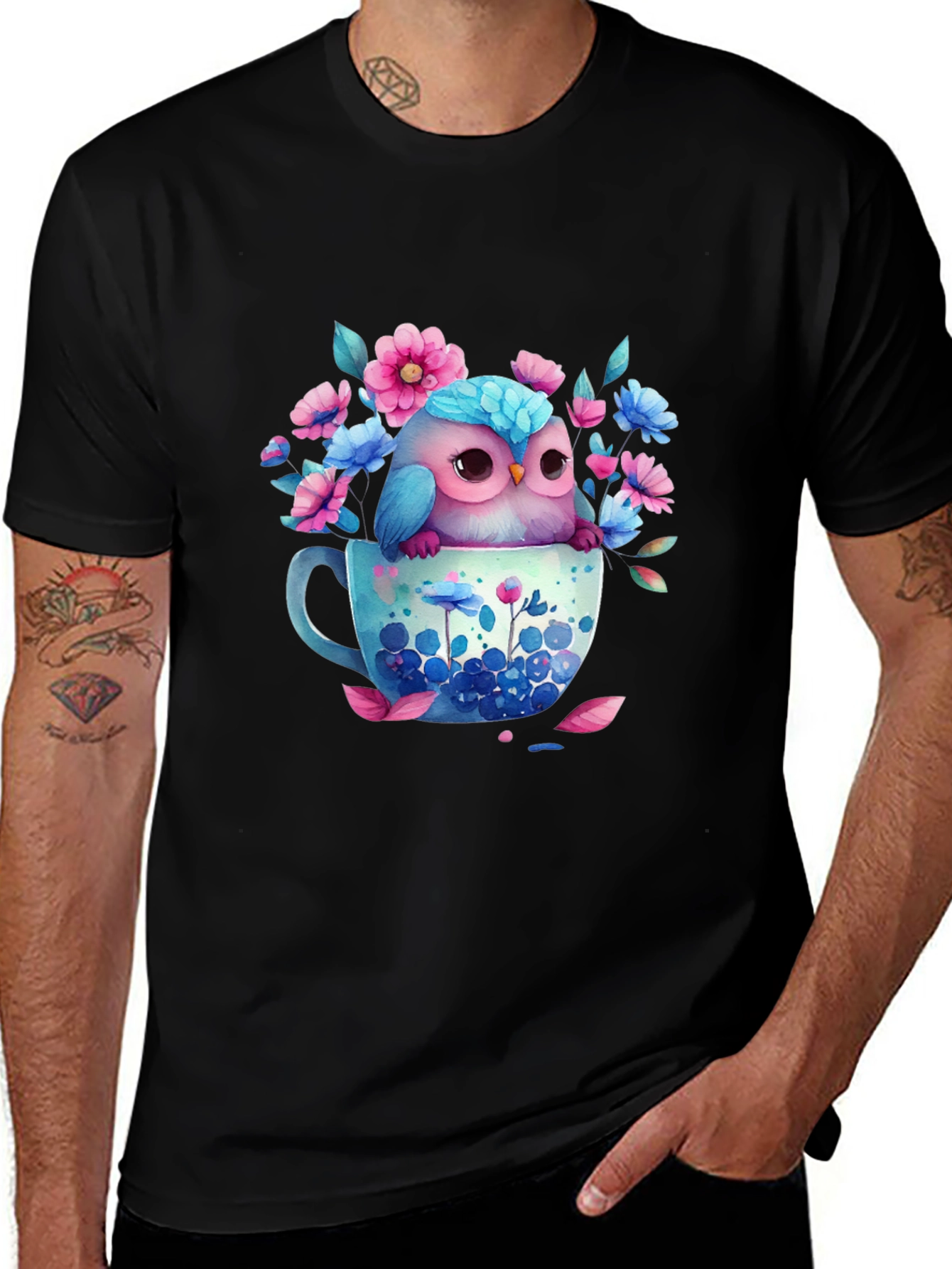 Owl in Teacup Floral Graphic Tee - Black