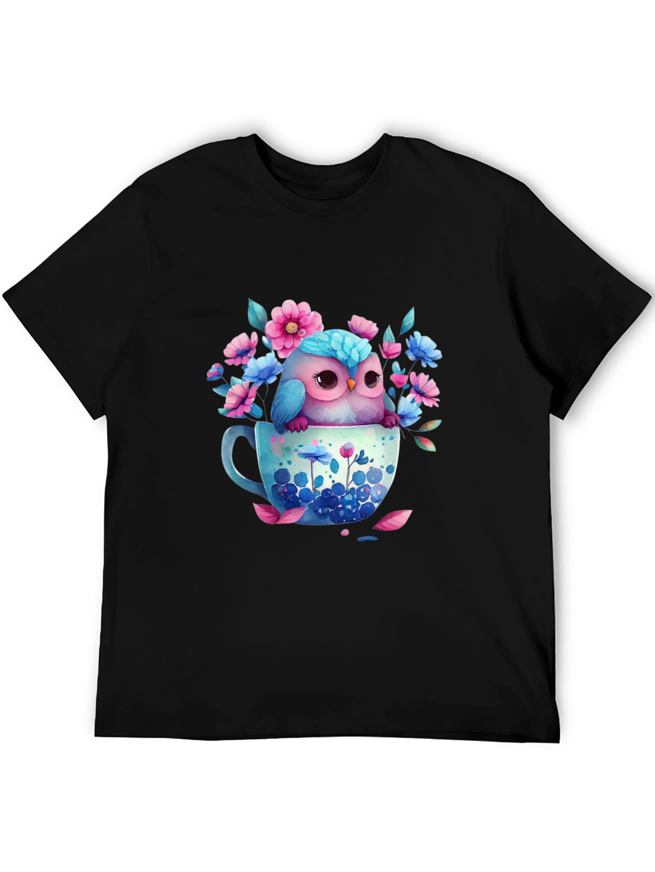 Owl in Teacup Floral Graphic Tee - Black