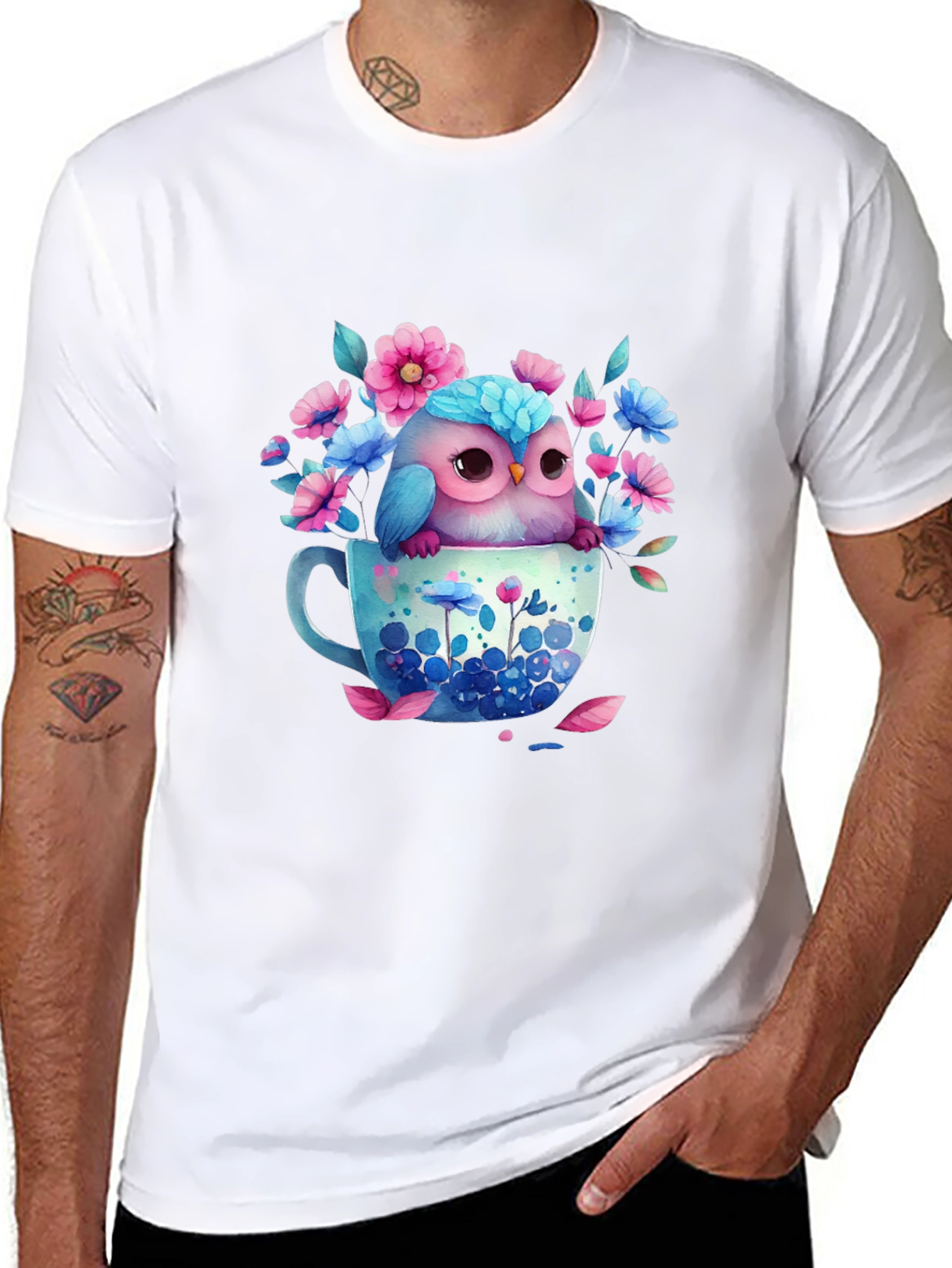 Owl in Teacup Floral Graphic Tee - Black