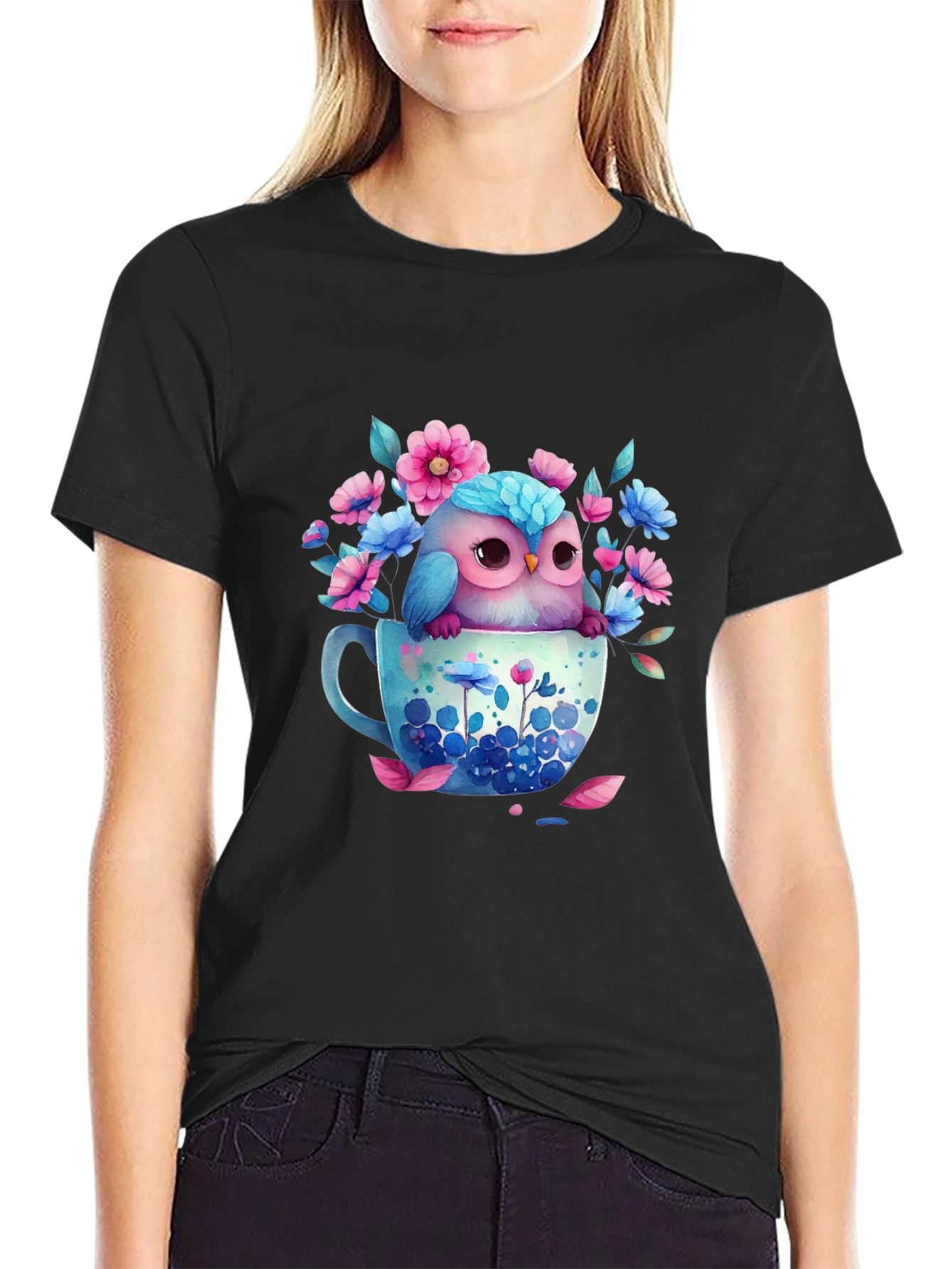 Owl in Teacup Floral Graphic Tee - Black