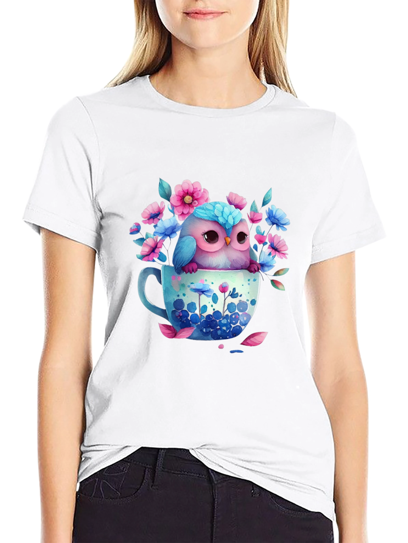 Owl in Teacup Floral Graphic Tee - Black