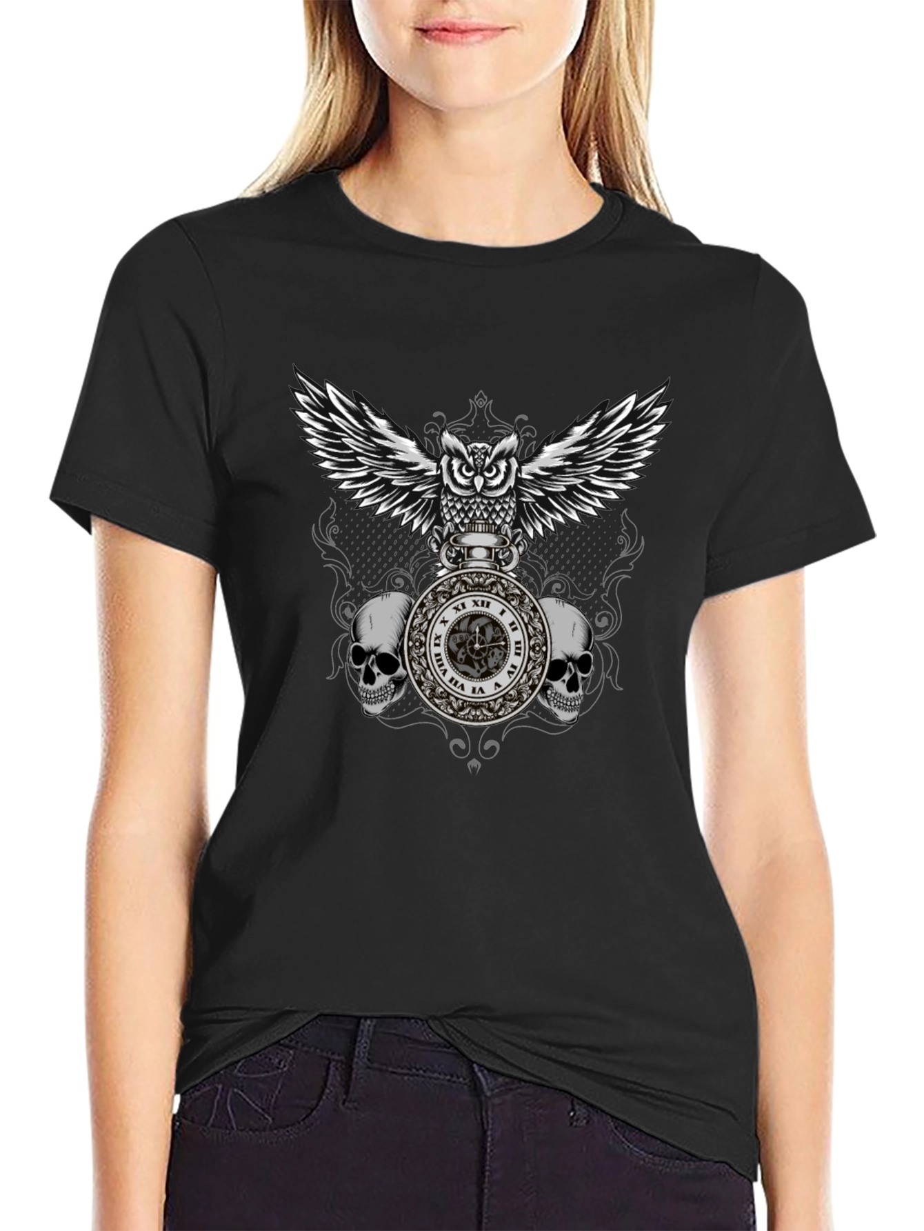 Owl & Skull Graphic T-Shirt - Dark Goth Style
