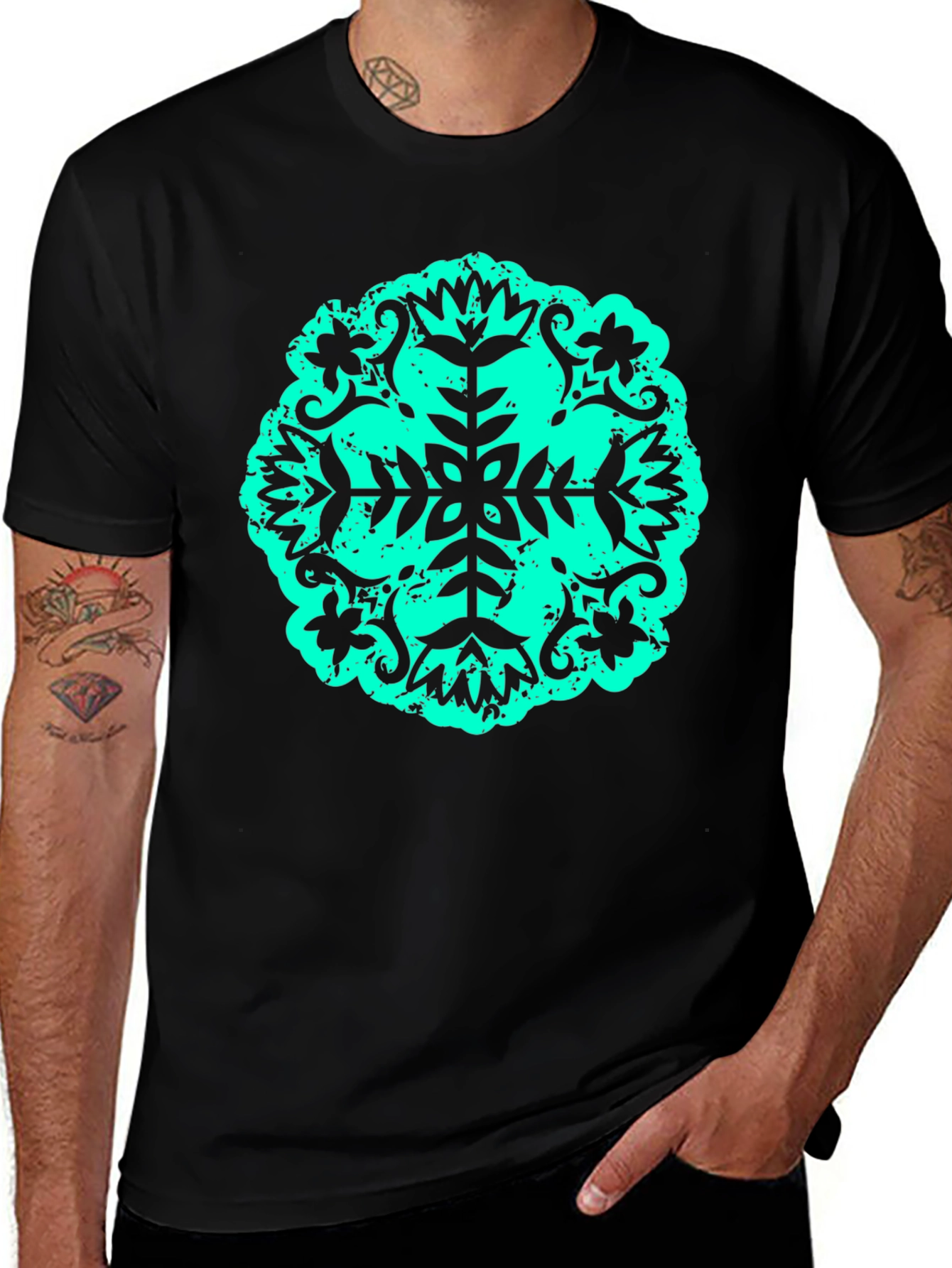 Abstract Teal Print Black Tee