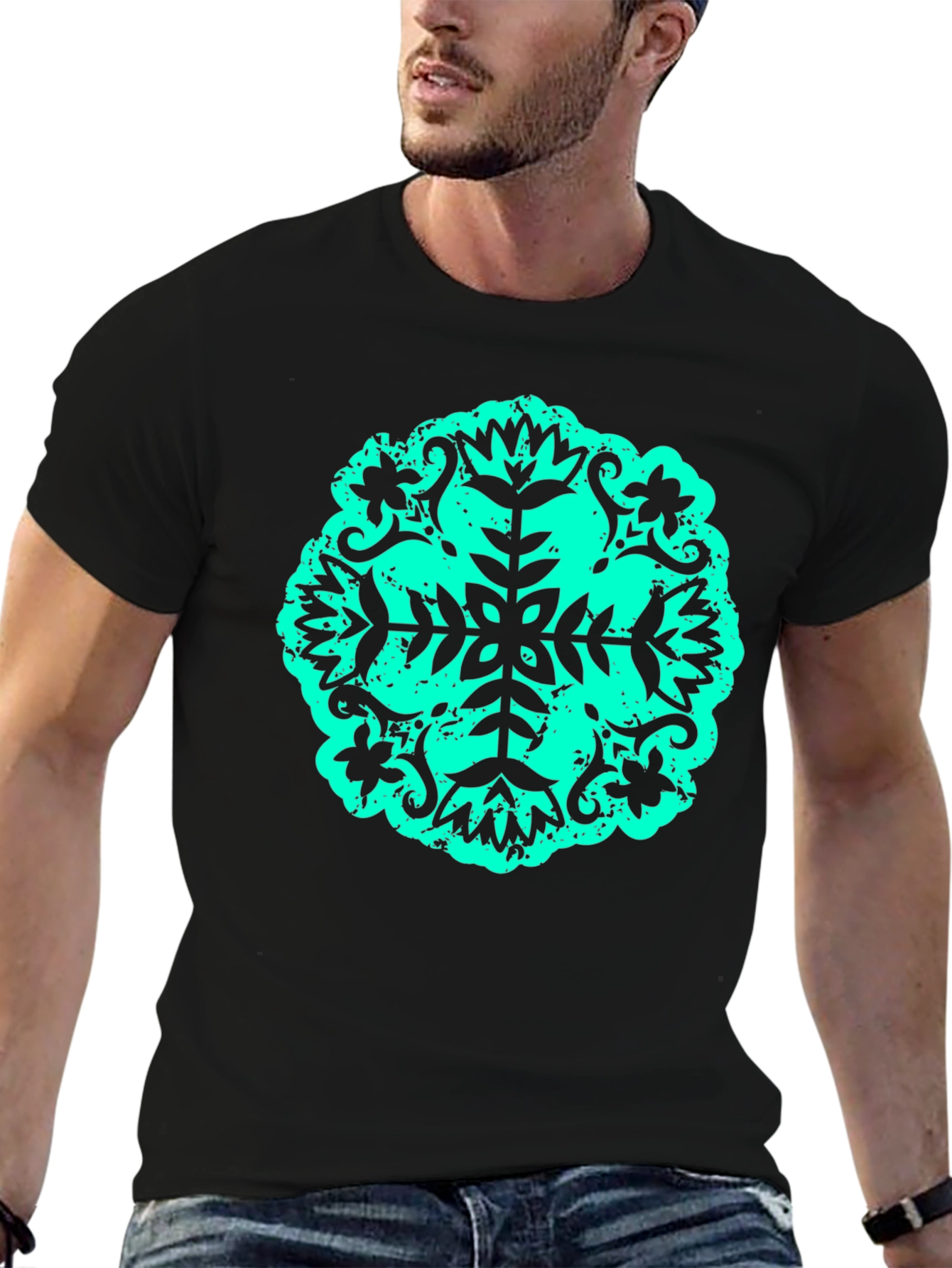Abstract Teal Print Black Tee