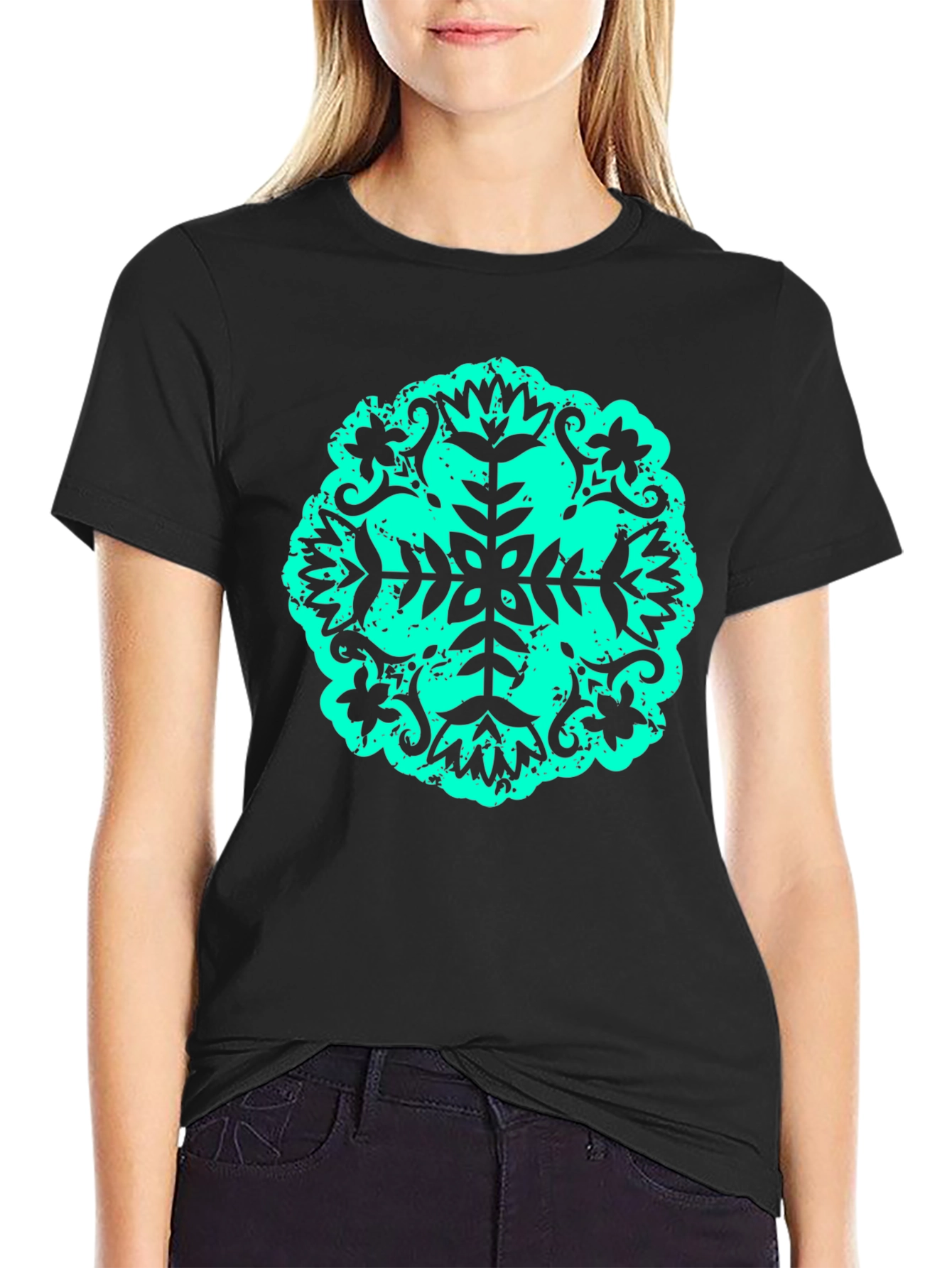 Abstract Teal Print Black Tee