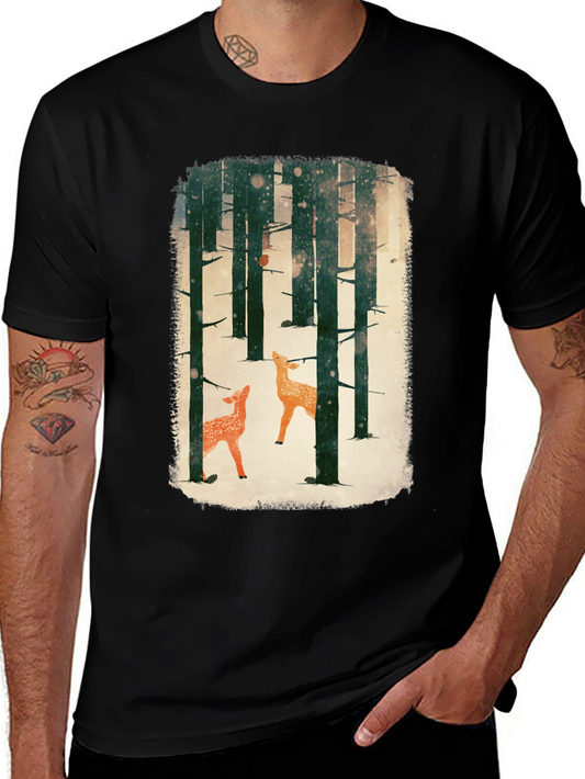 Winter Forest Deer Graphic Tee - Black Cotton Blend