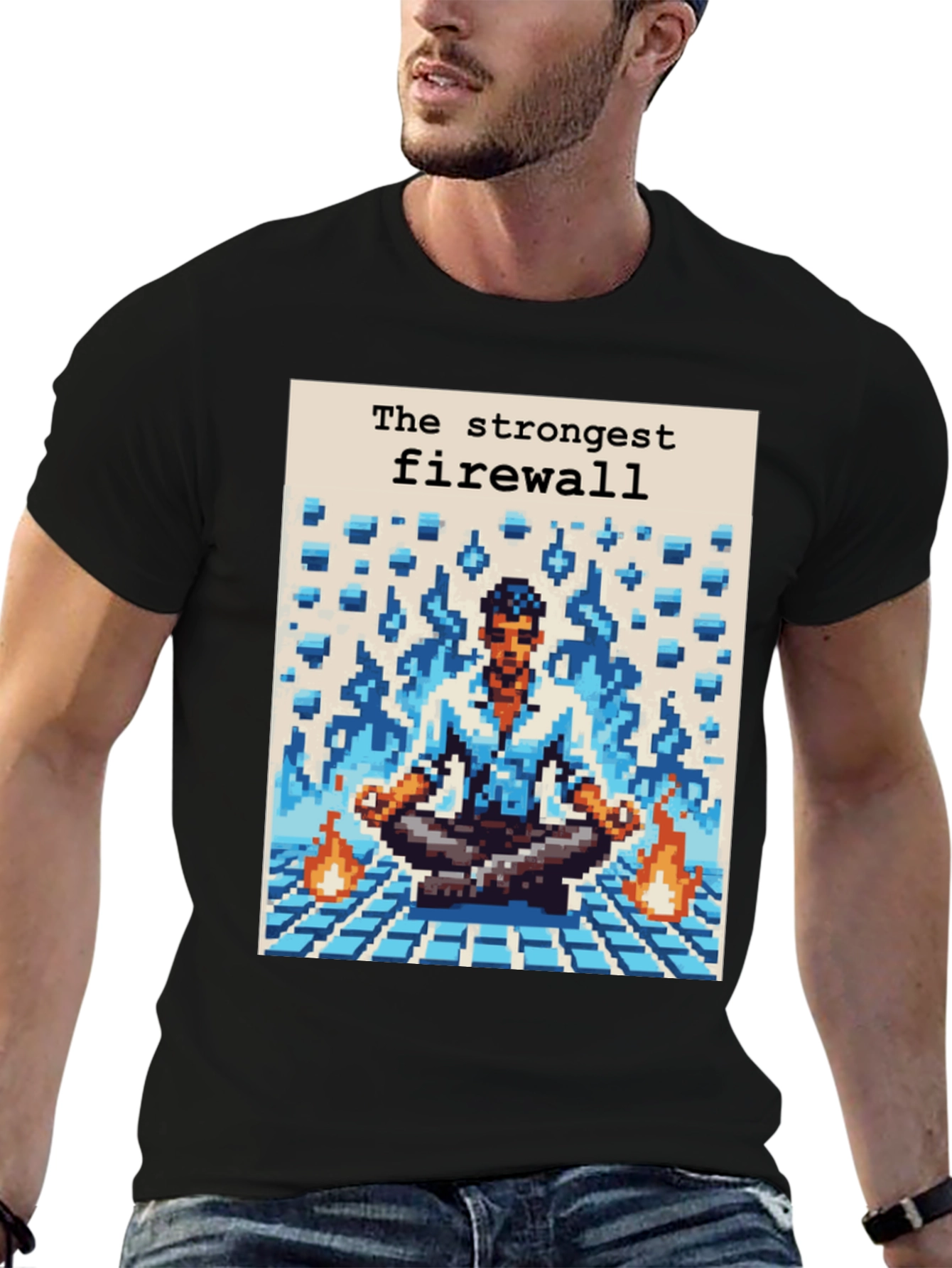 Strongest Firewall Pixel Art Black T-Shirt
