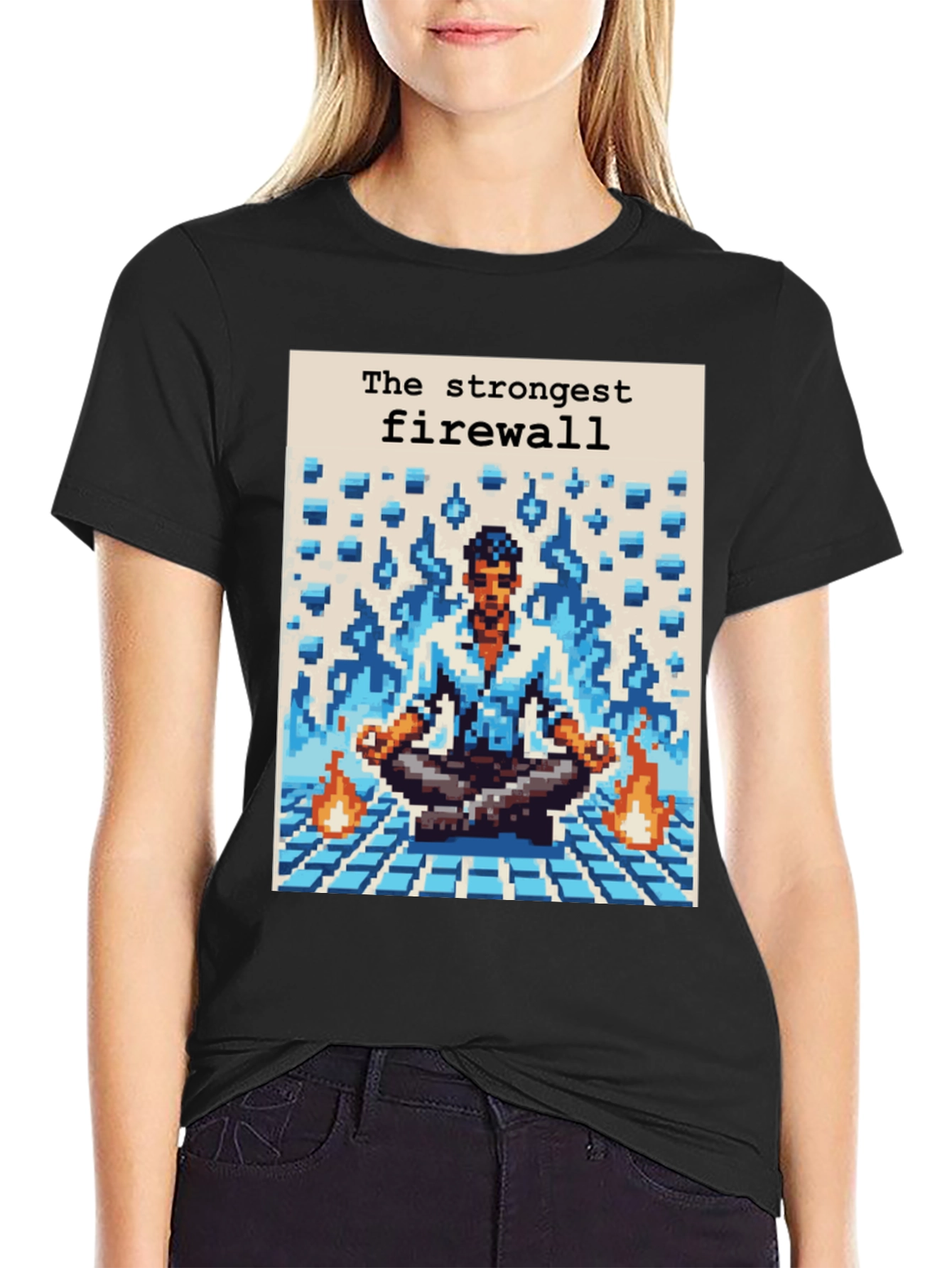 Strongest Firewall Pixel Art Black T-Shirt