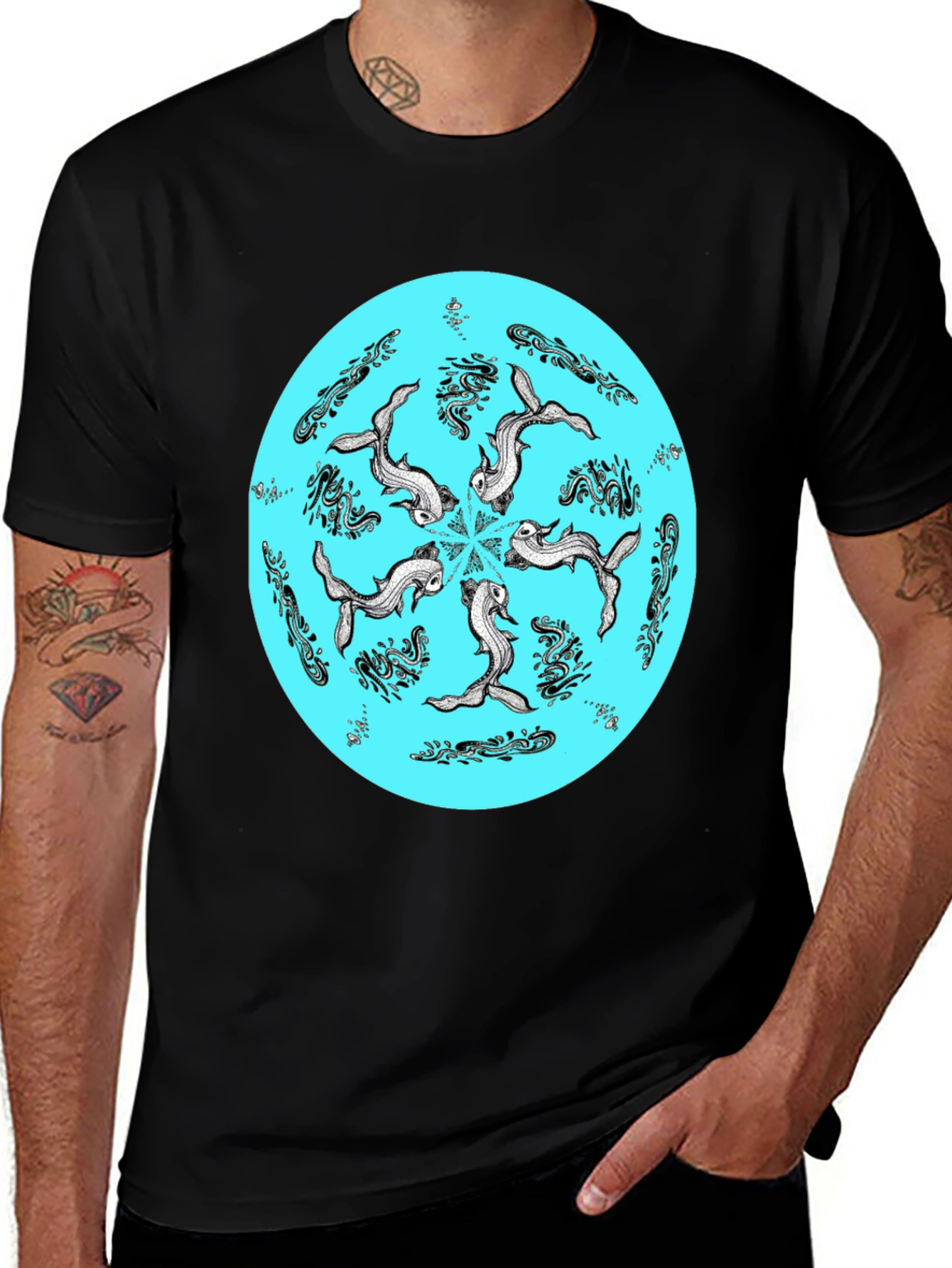 Koi Fish Mandala Graphic Tee - Unique Black T-Shirt