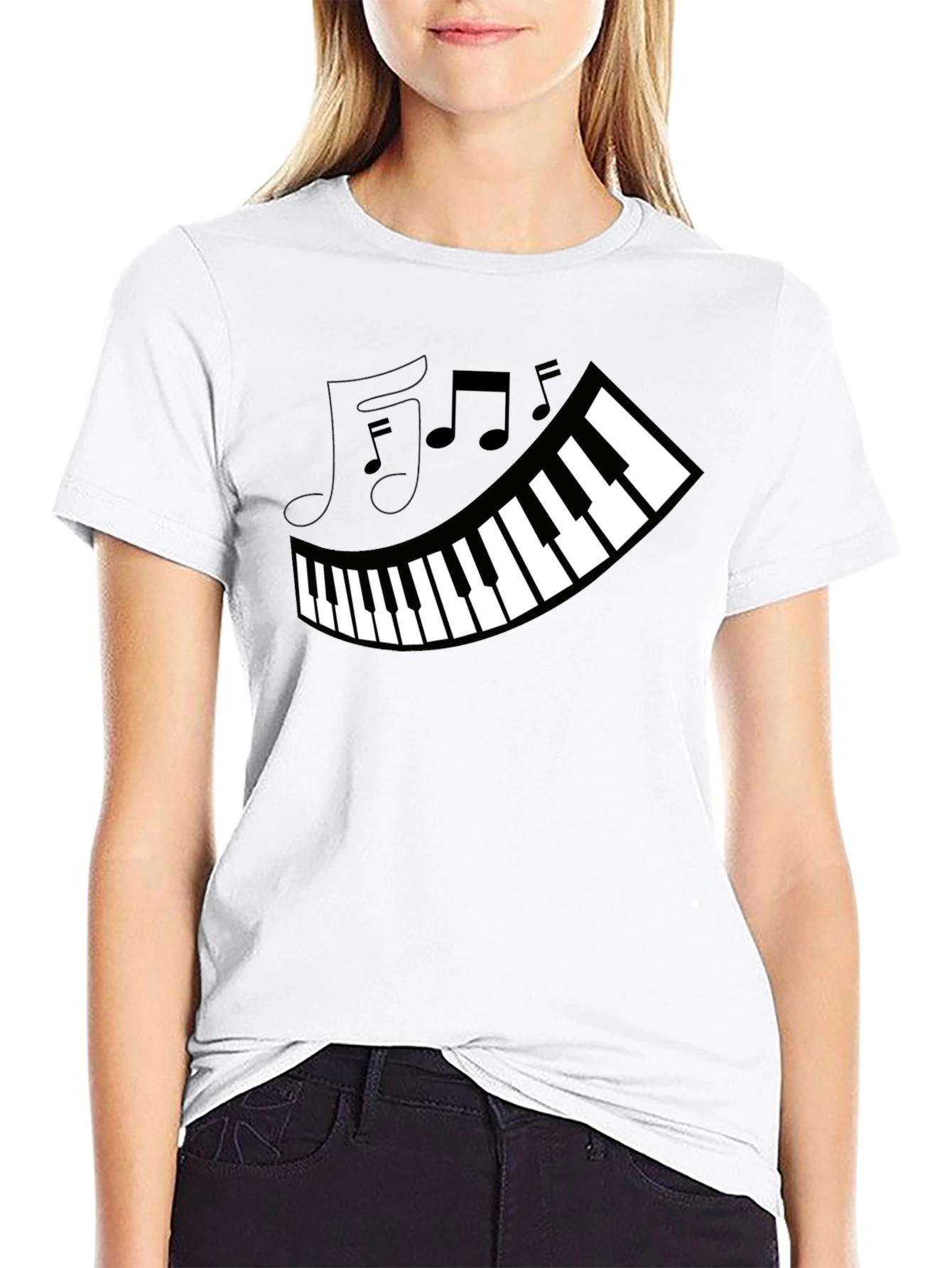 Piano Keys & Music Notes Graphic Black T-Shirt