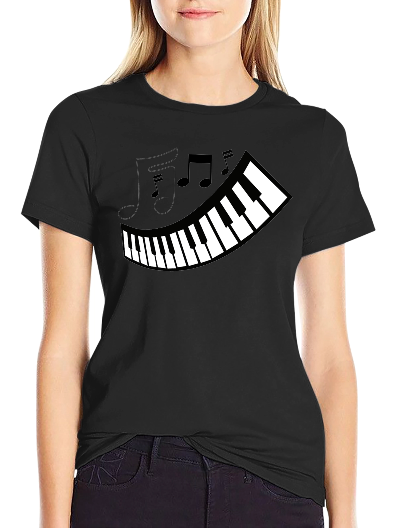 Piano Keys & Music Notes Graphic Black T-Shirt
