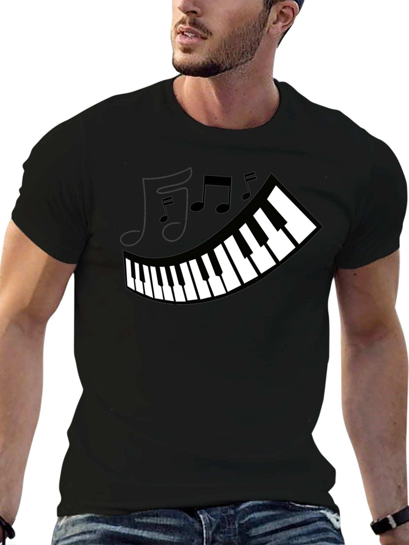 Piano Keys & Music Notes Graphic Black T-Shirt