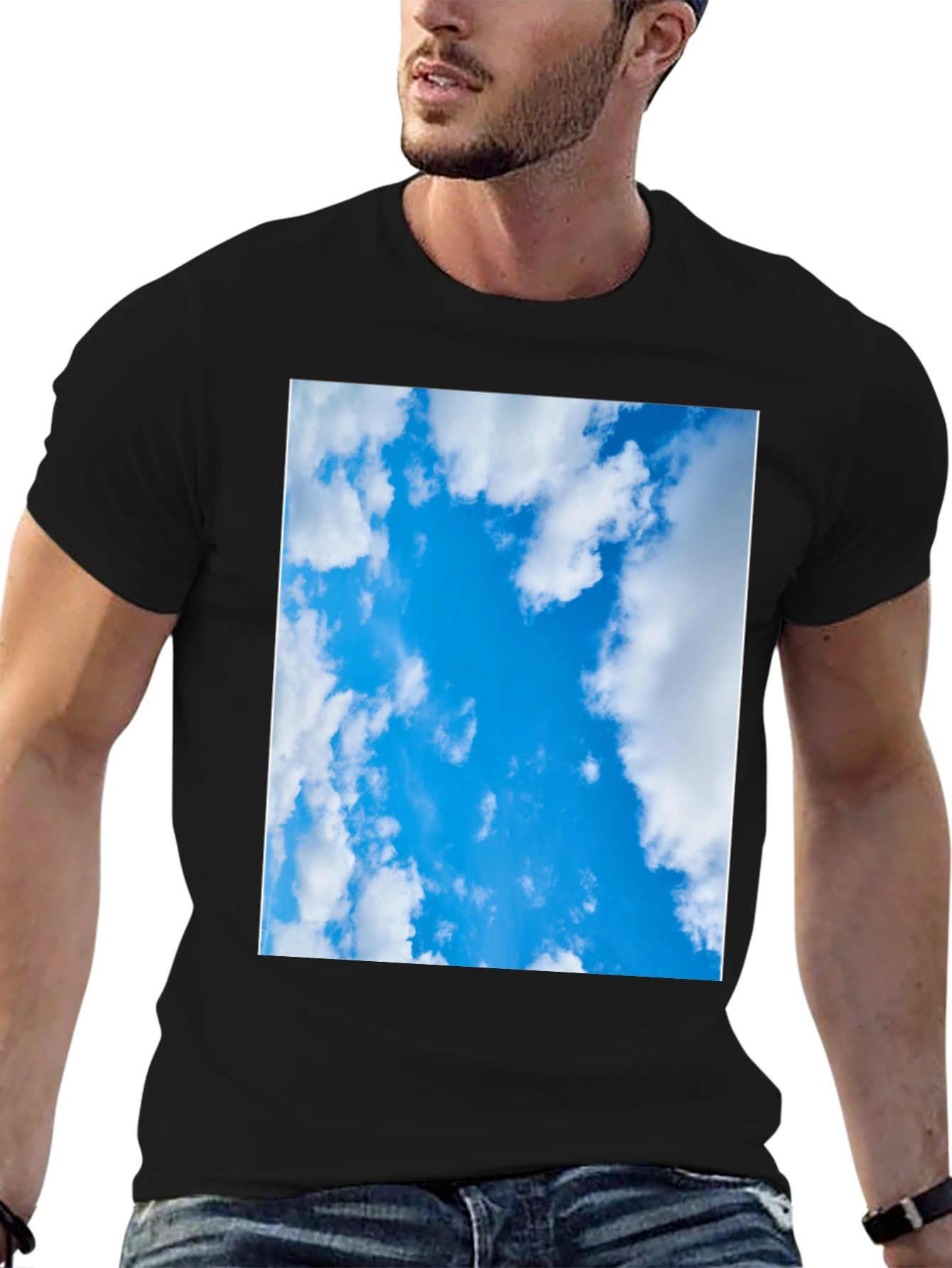 Blue Sky Cloud Print Black T-Shirt