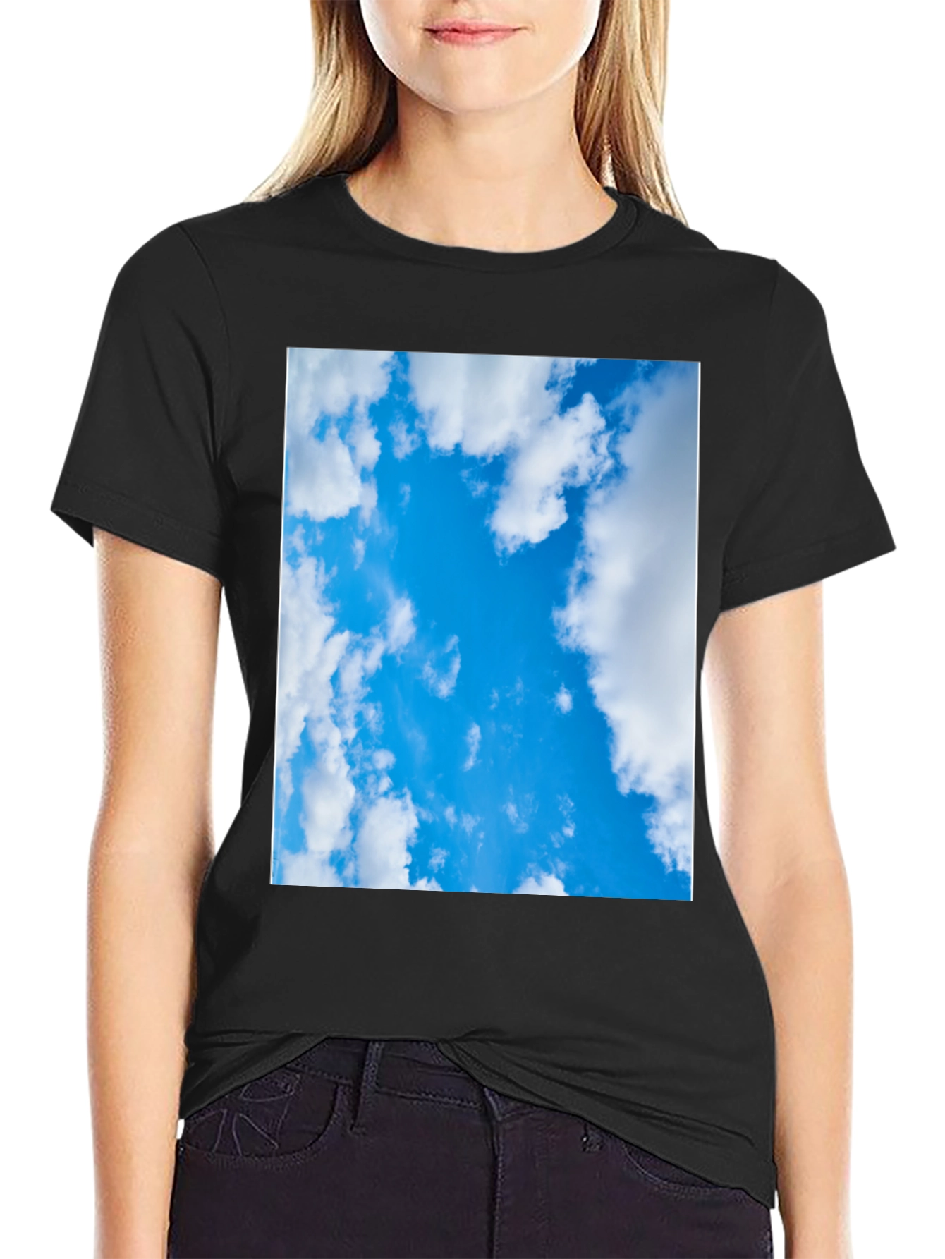 Blue Sky Cloud Print Black T-Shirt