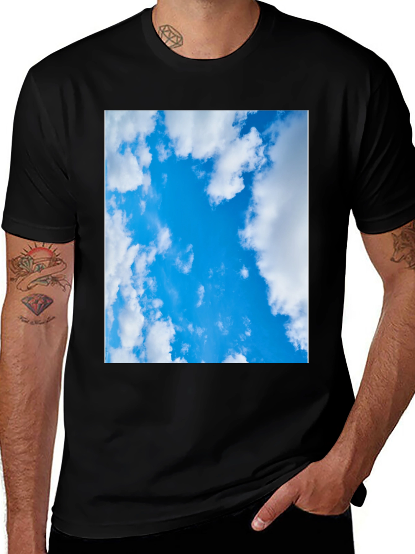 Blue Sky Cloud Print Black T-Shirt