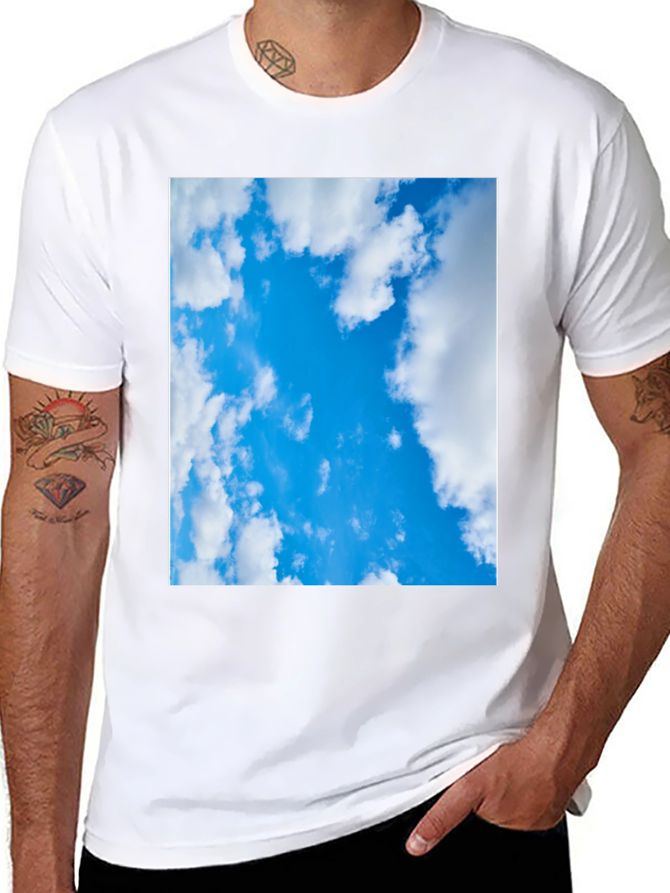Blue Sky Cloud Print Black T-Shirt