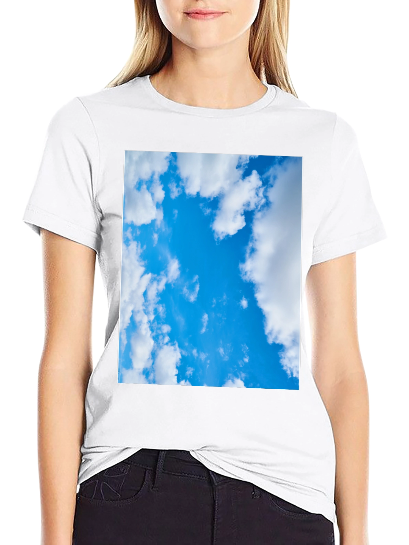 Blue Sky Cloud Print Black T-Shirt