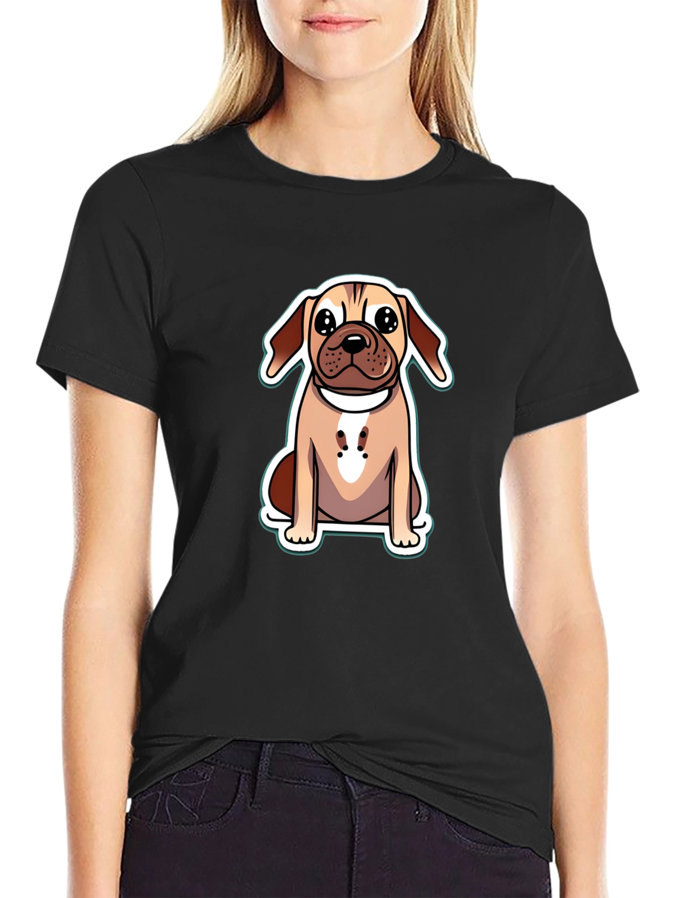 Cute Cartoon Dog Graphic Tee - Black
