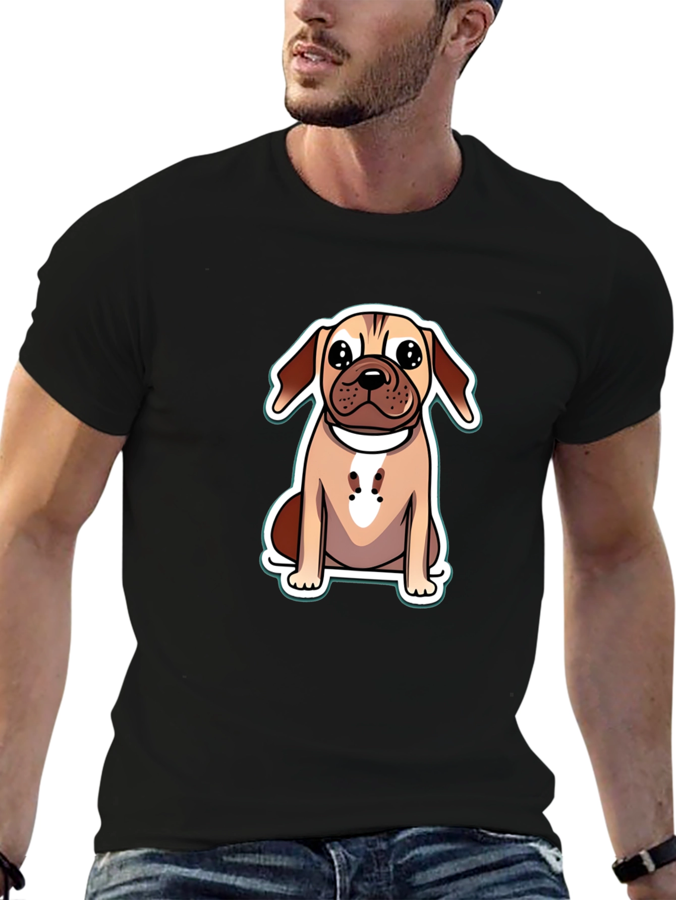 Cute Cartoon Dog Graphic Tee - Black