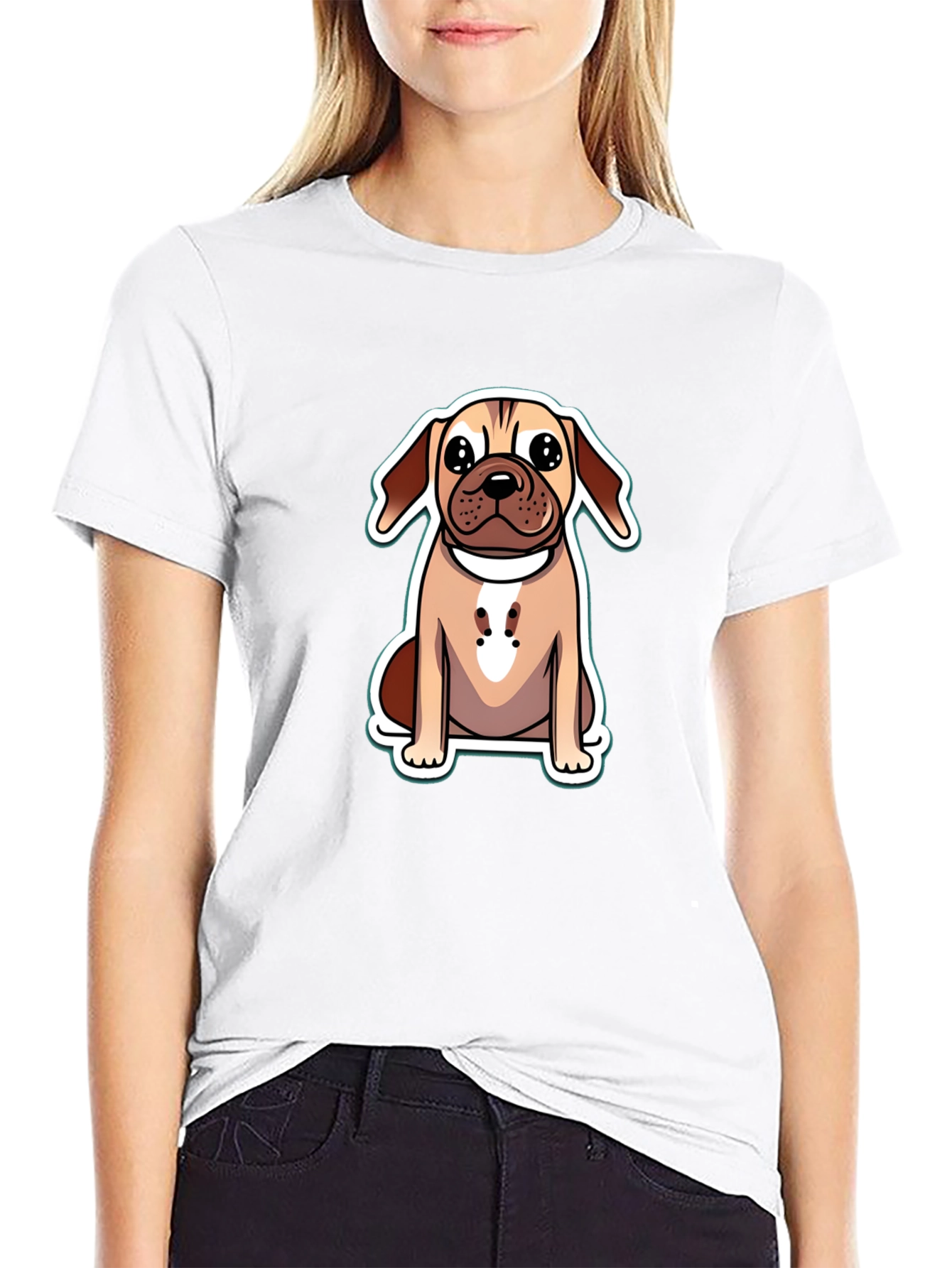 Cute Cartoon Dog Graphic Tee - Black