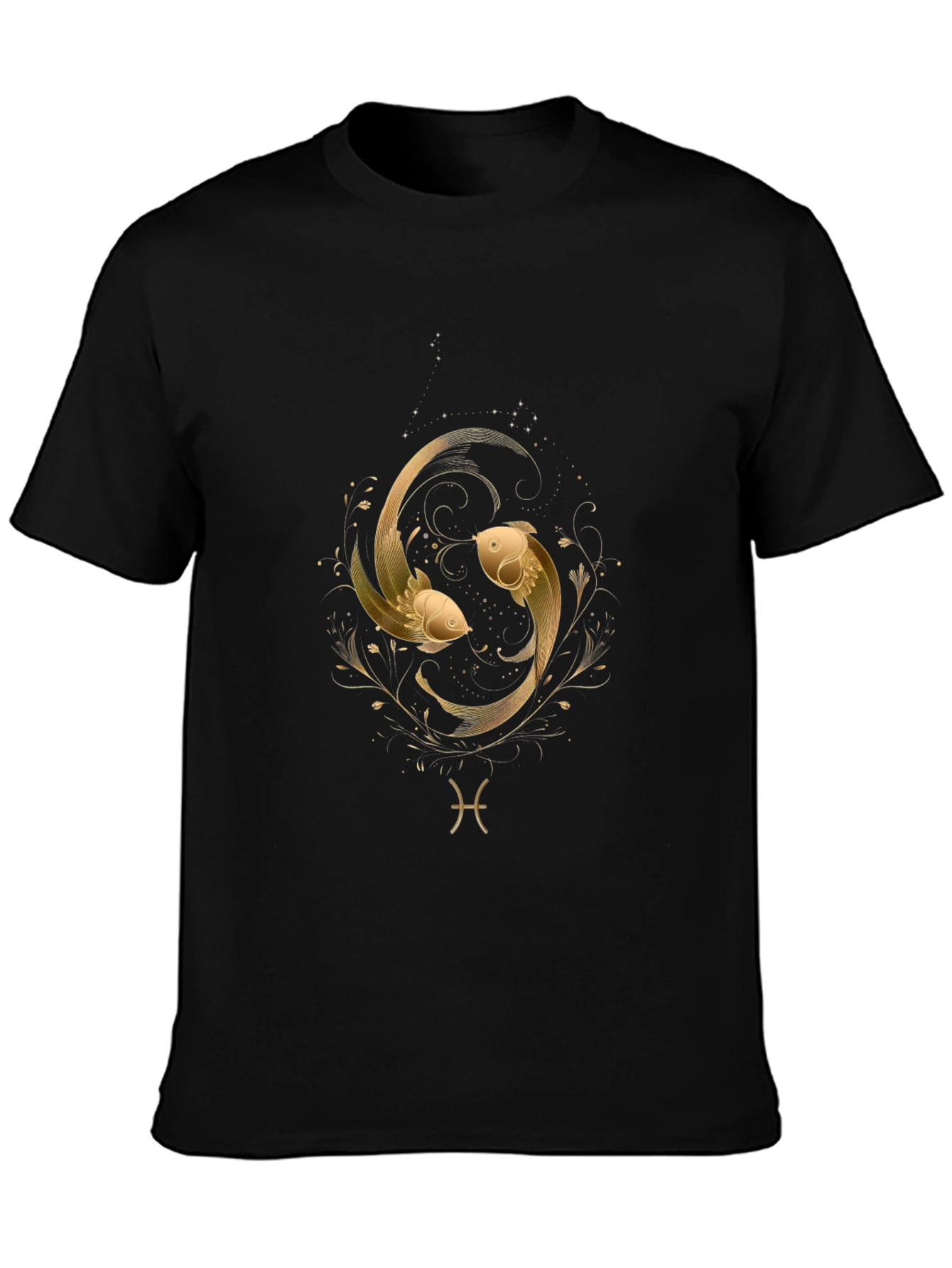 Pisces Zodiac Gold Fish Graphic Black T-Shirt