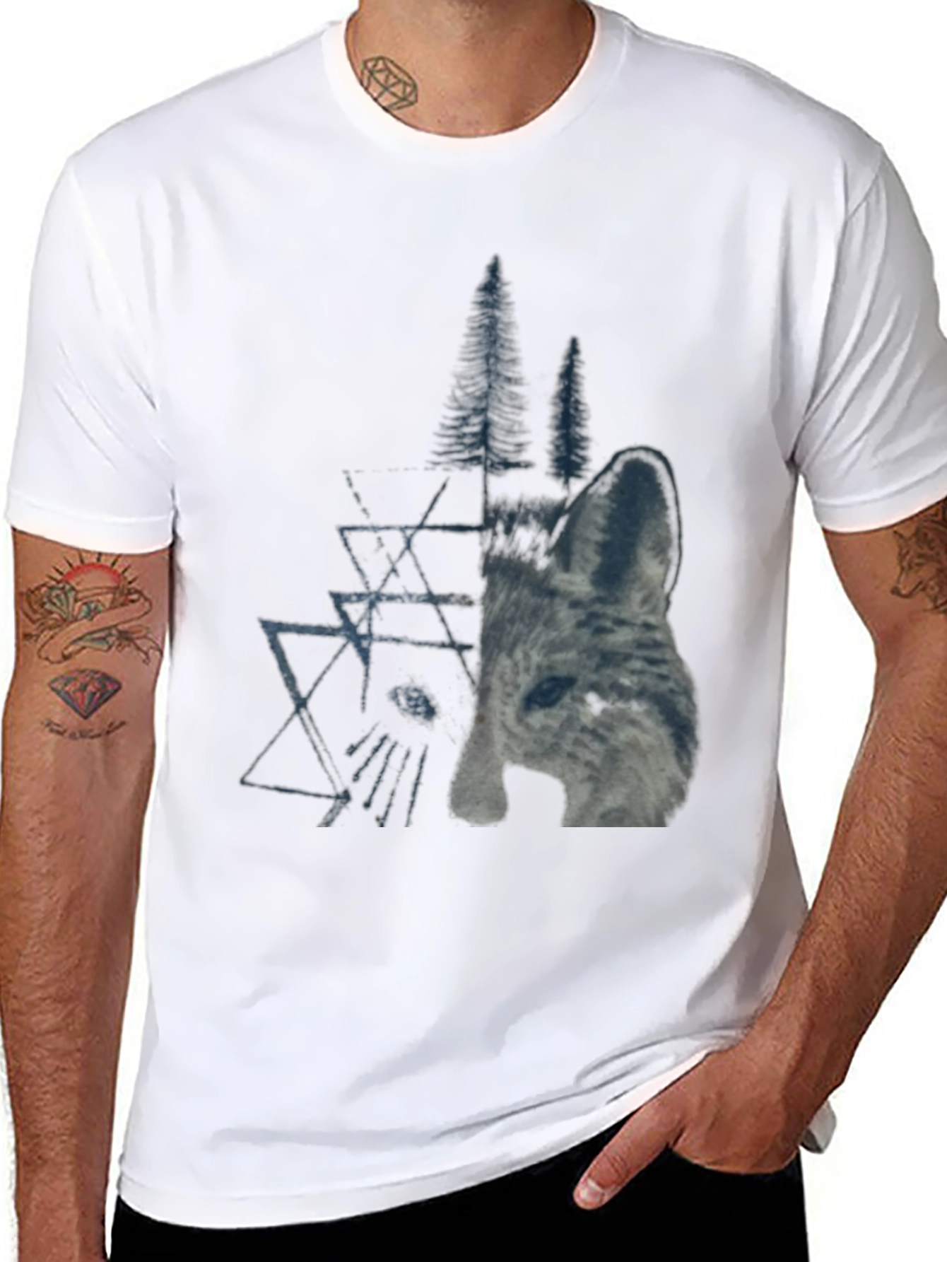 Geometric Wolf & Trees Graphic Tee - Black
