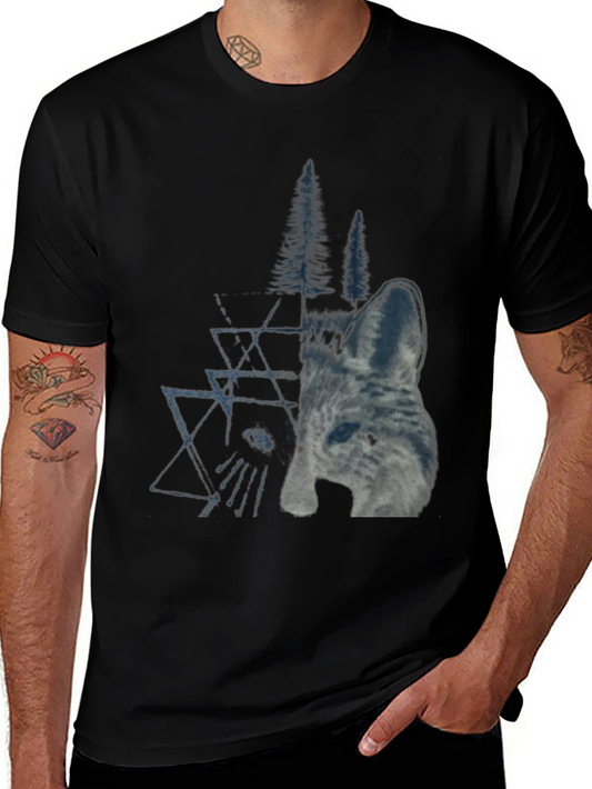 Geometric Wolf & Trees Graphic Tee - Black