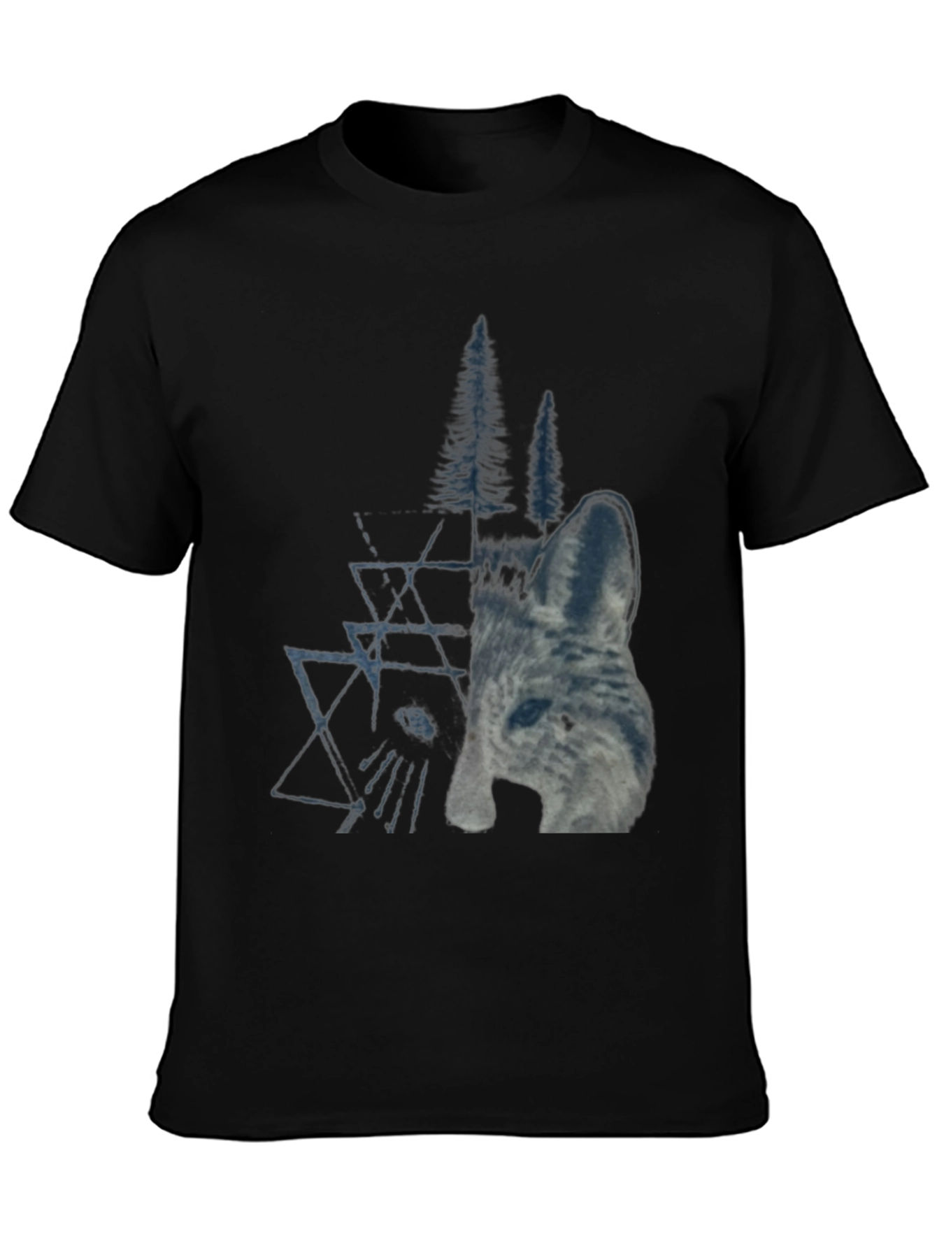Geometric Wolf & Trees Graphic Tee - Black