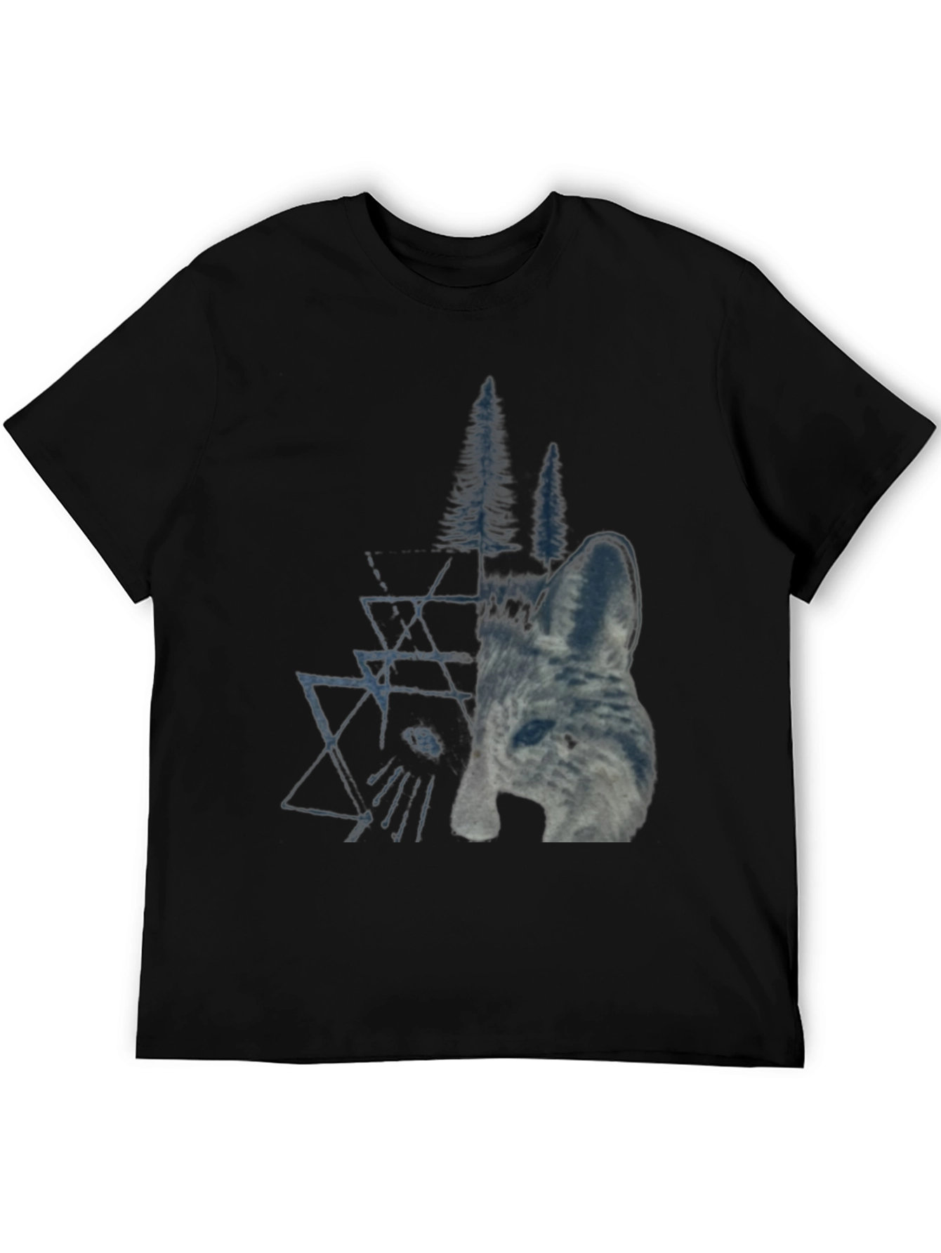 Geometric Wolf & Trees Graphic Tee - Black