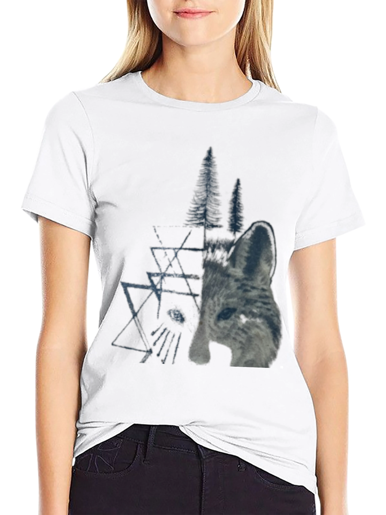 Geometric Wolf & Trees Graphic Tee - Black