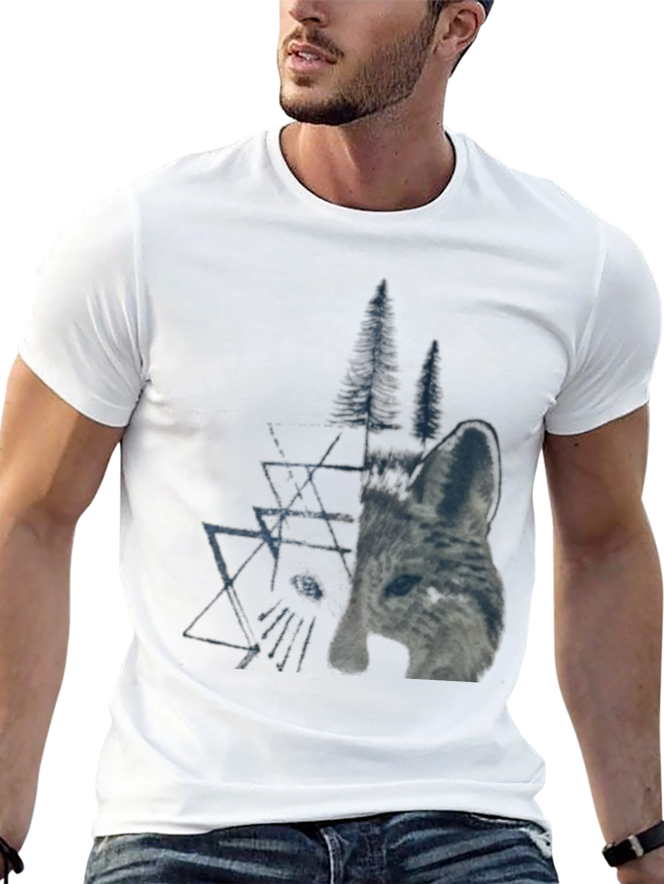 Geometric Wolf & Trees Graphic Tee - Black