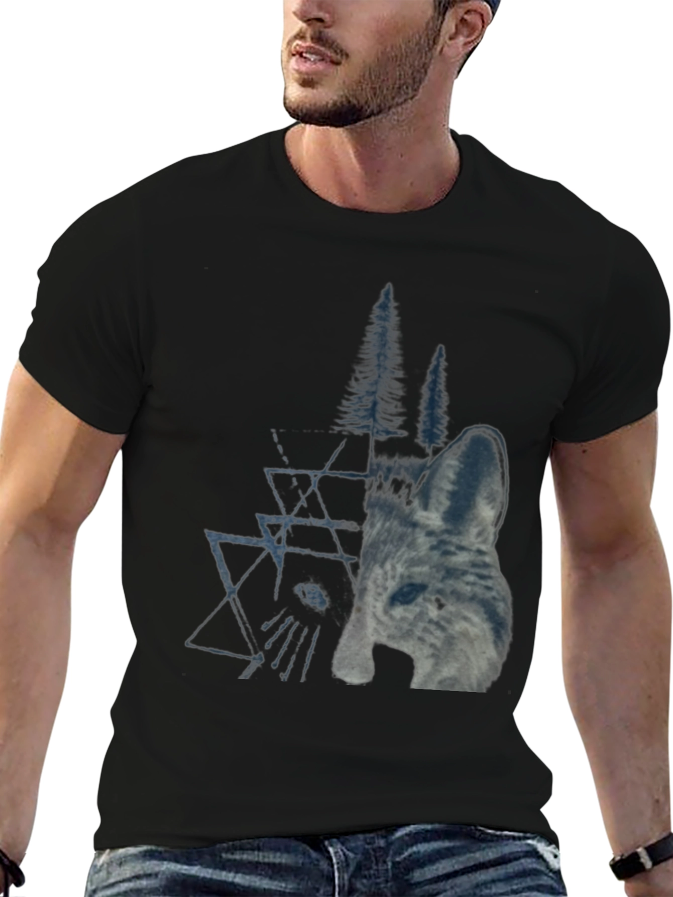 Geometric Wolf & Trees Graphic Tee - Black