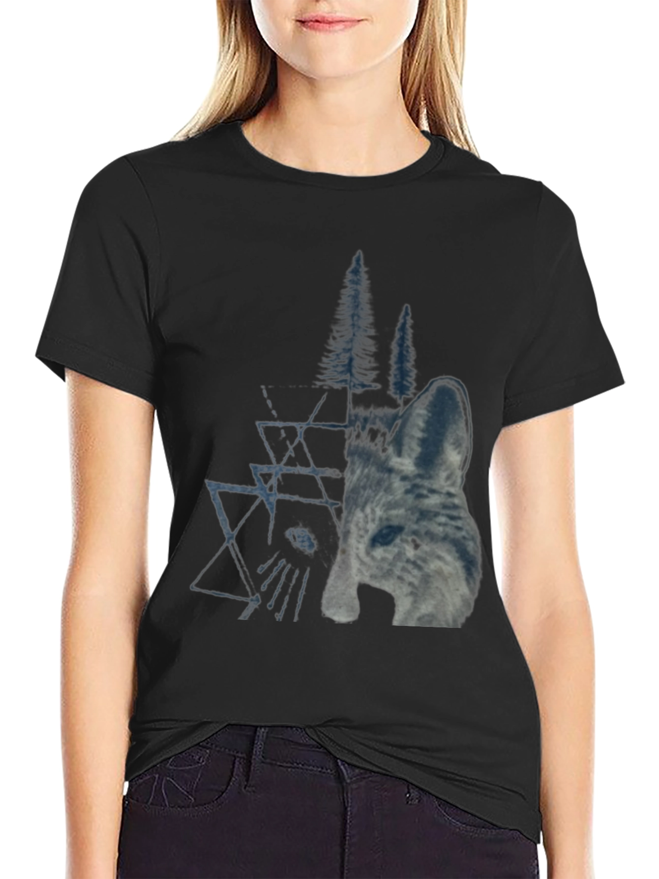 Geometric Wolf & Trees Graphic Tee - Black