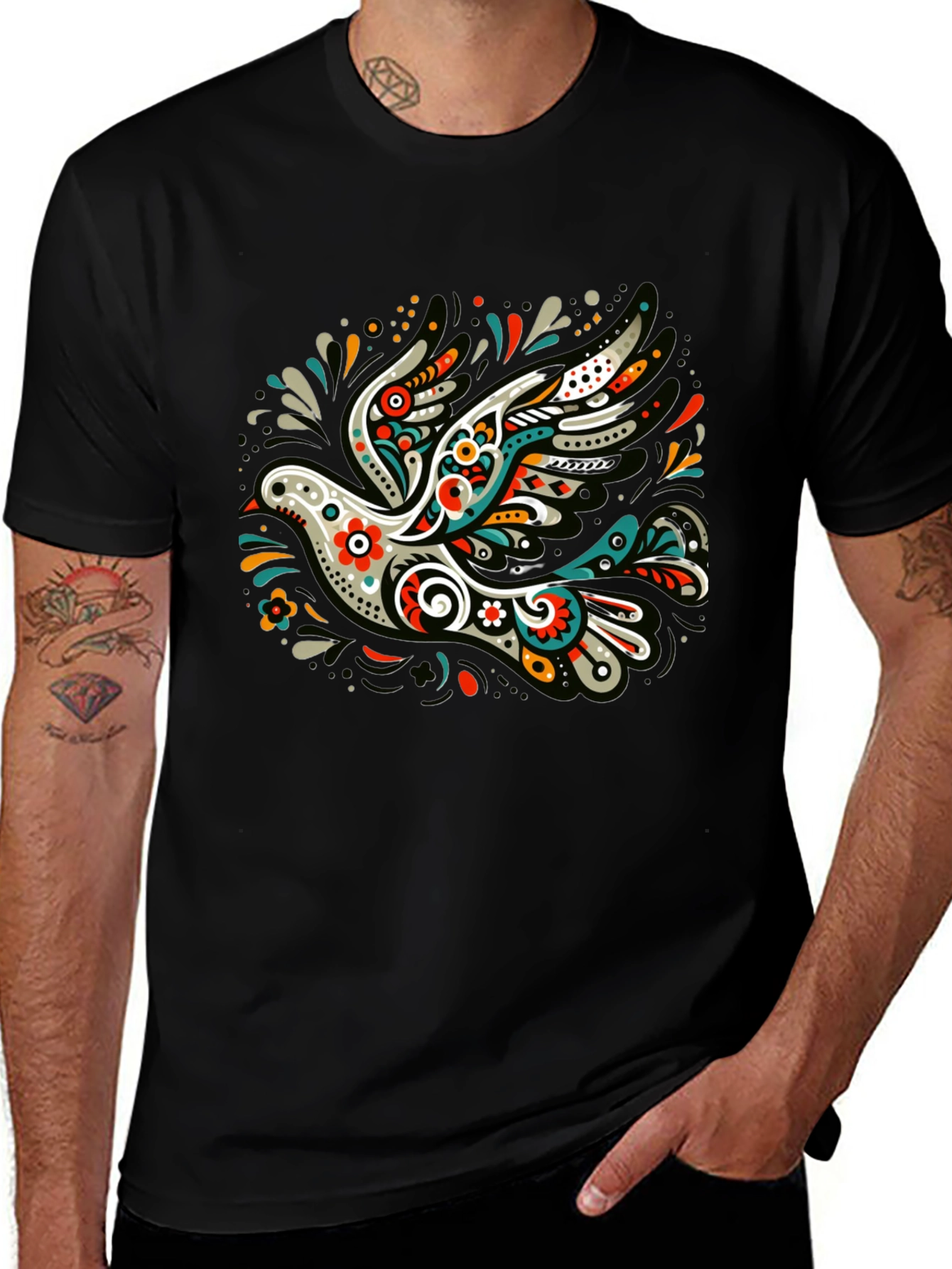 Artistic Dove Graphic Black T-Shirt