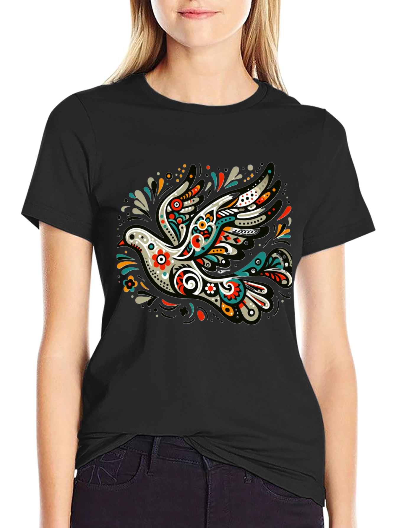 Artistic Dove Graphic Black T-Shirt