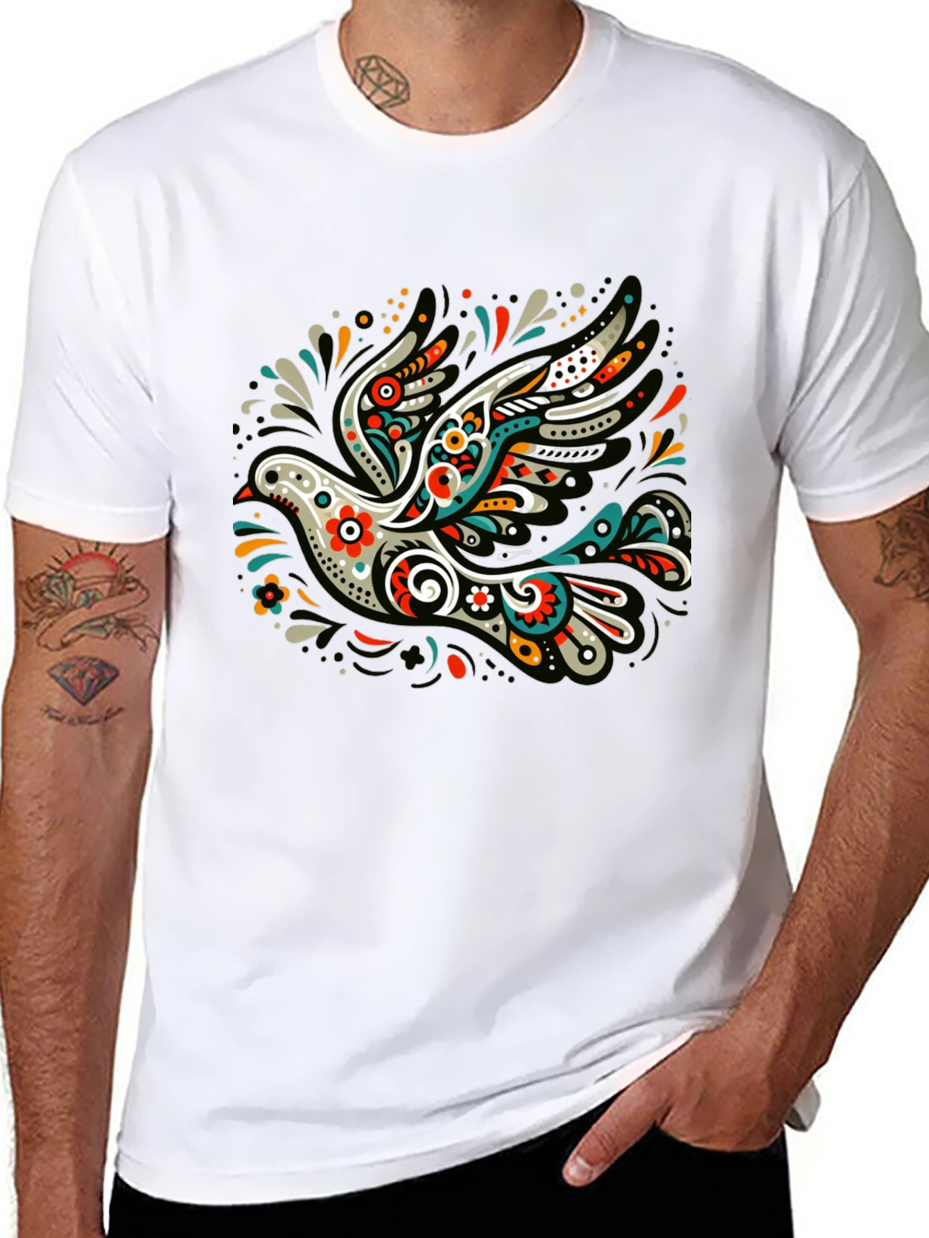 Artistic Dove Graphic Black T-Shirt