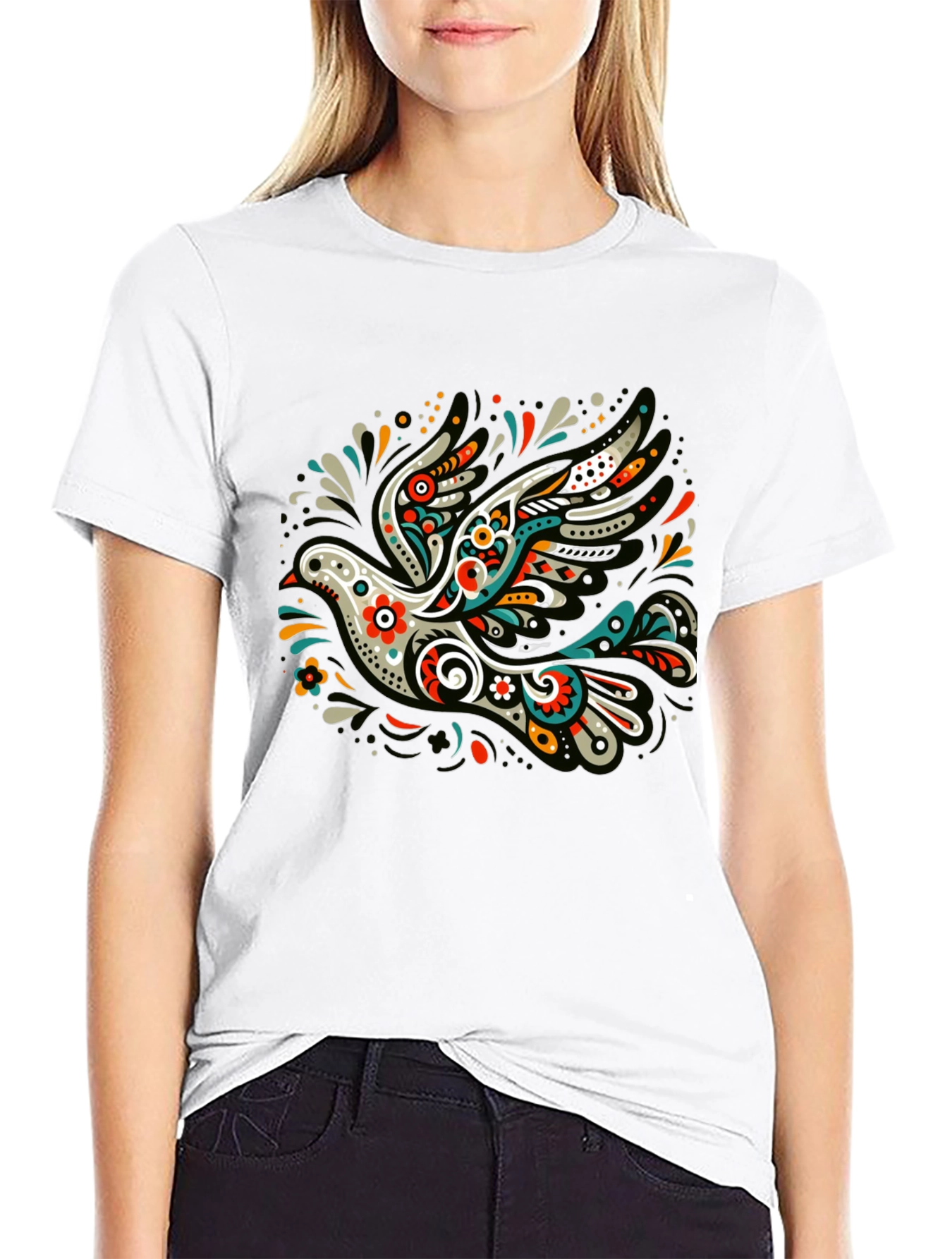 Artistic Dove Graphic Black T-Shirt