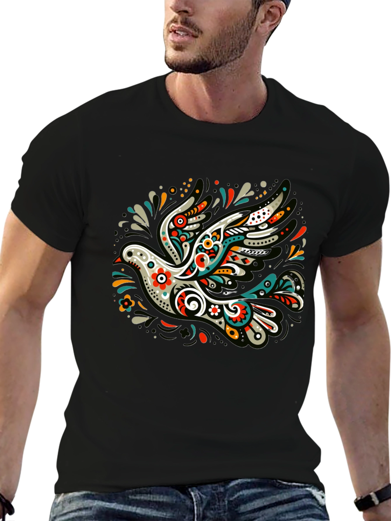 Artistic Dove Graphic Black T-Shirt