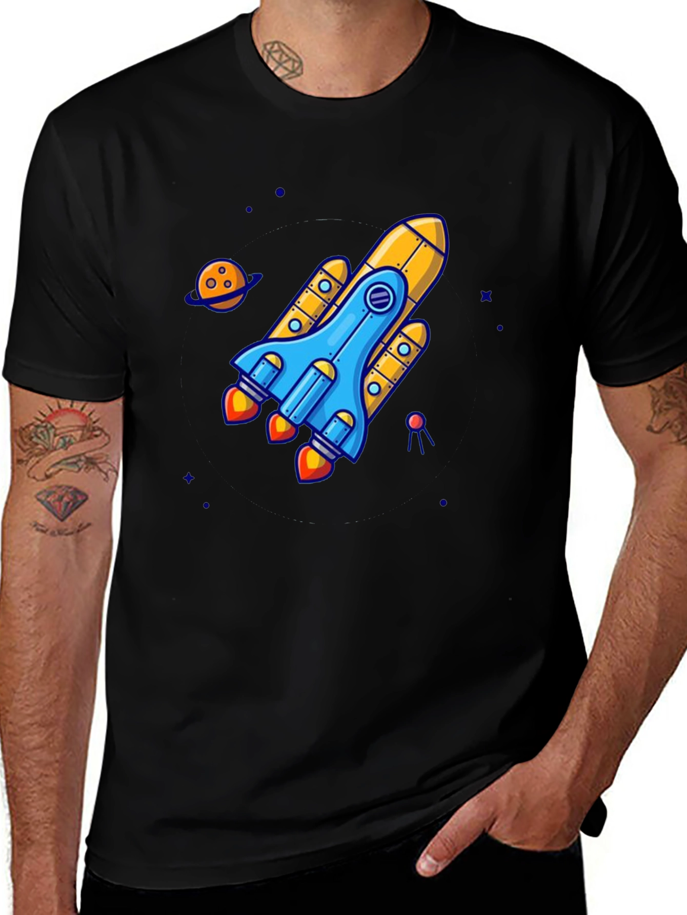 Rocket Ship Graphic Tee - Black Cotton T-Shirt