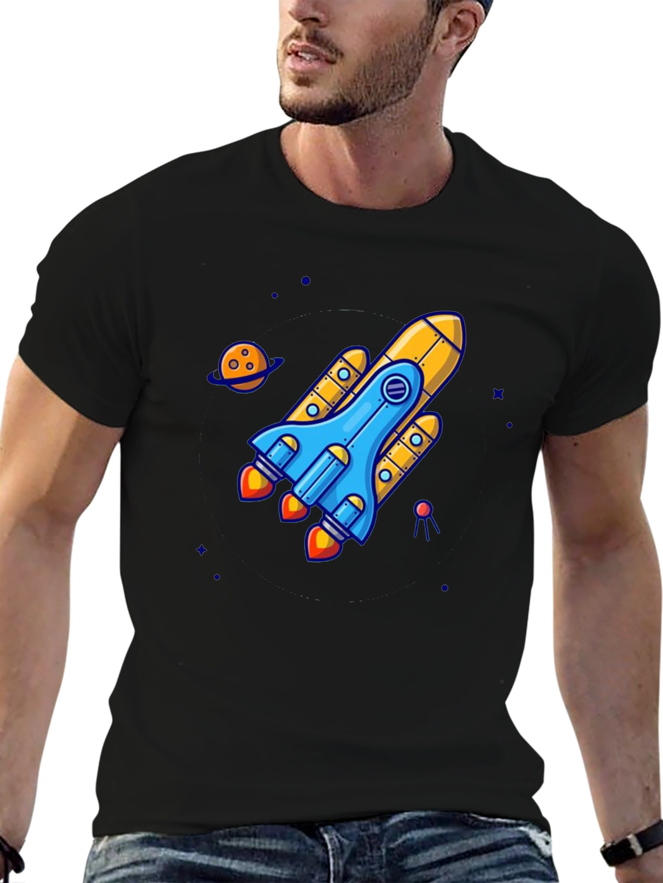 Rocket Ship Graphic Tee - Black Cotton T-Shirt