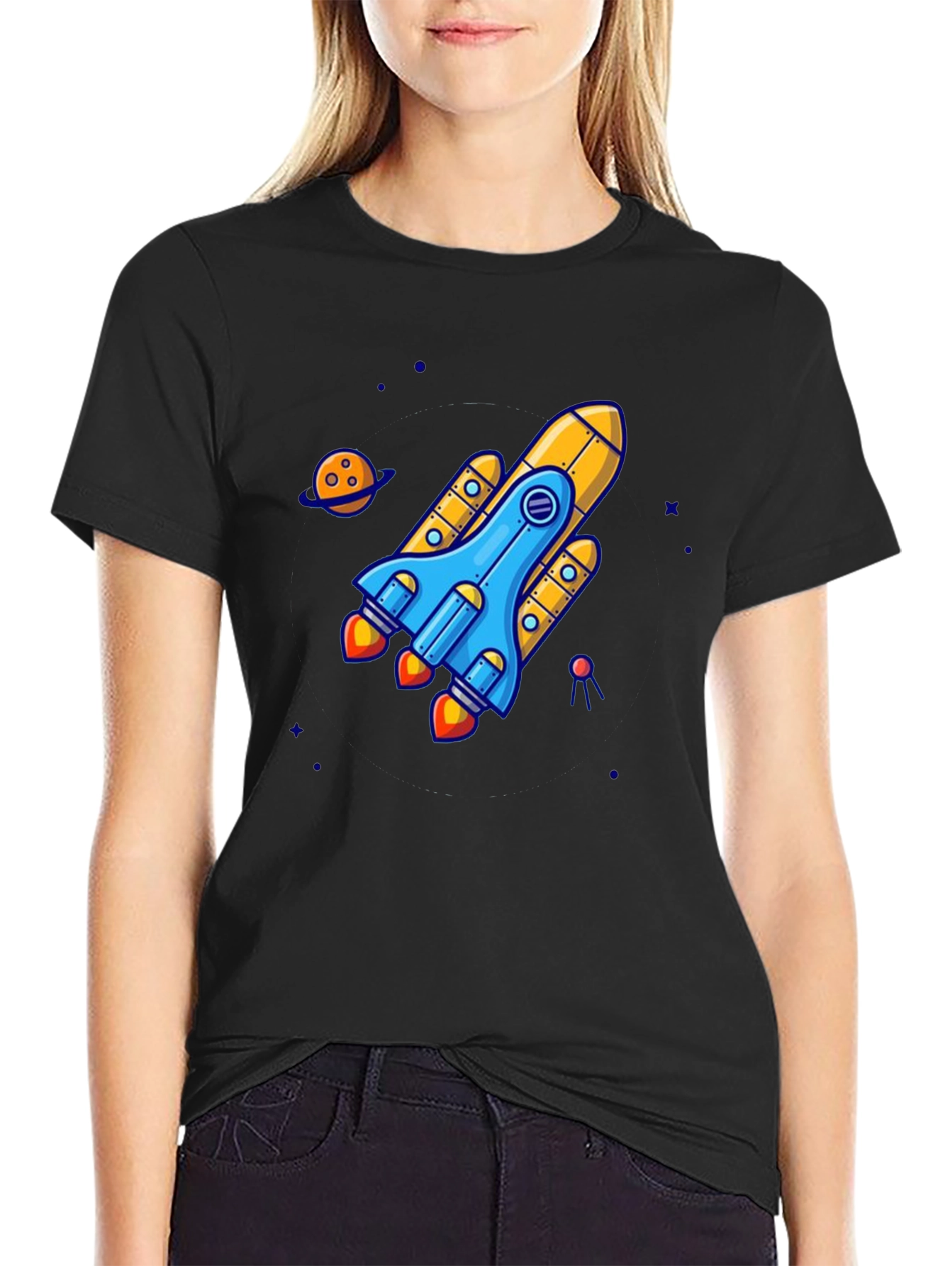 Rocket Ship Graphic Tee - Black Cotton T-Shirt
