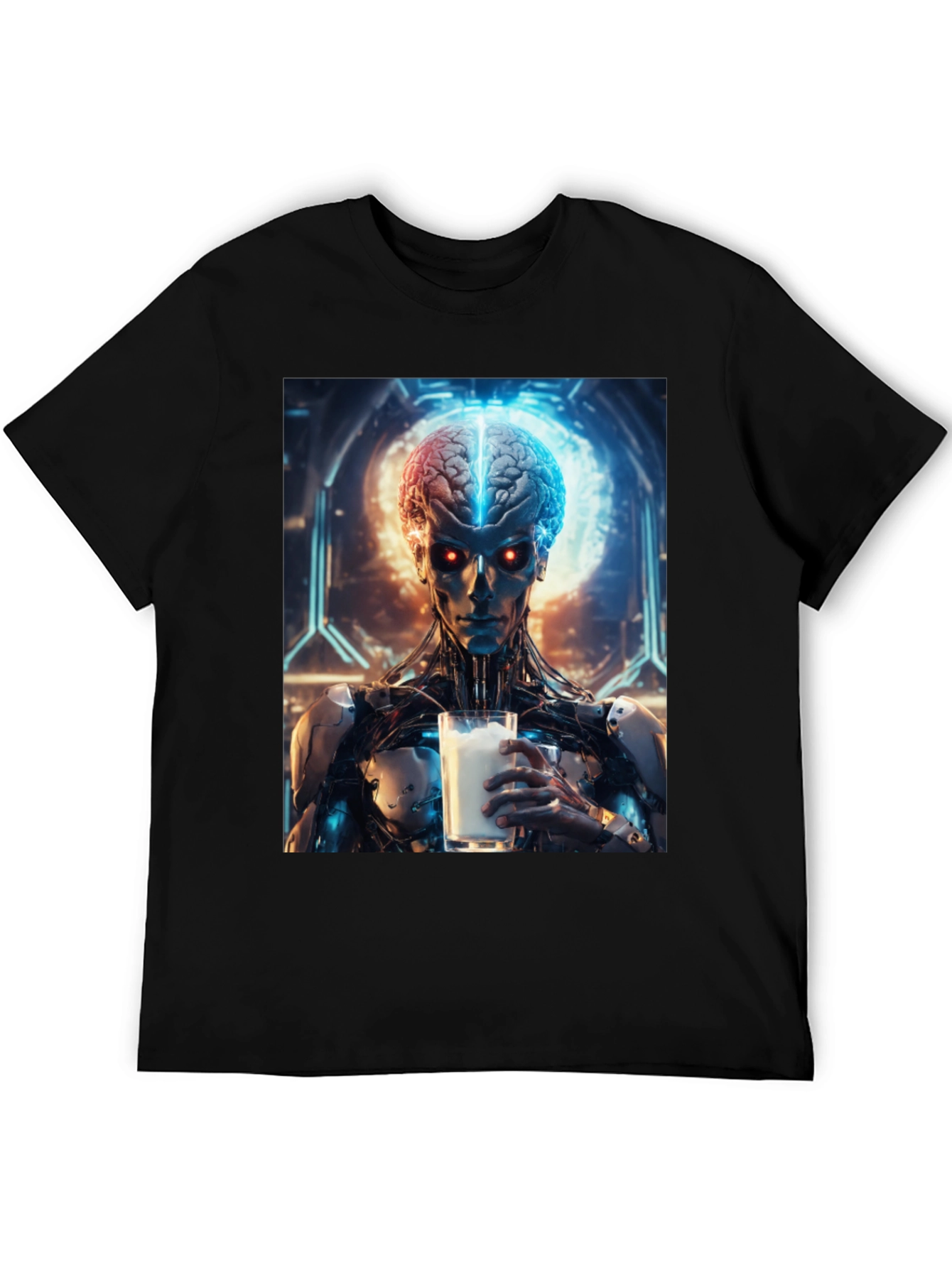 Cyborg Brain Milk T-Shirt - Futuristic Sci-Fi Design