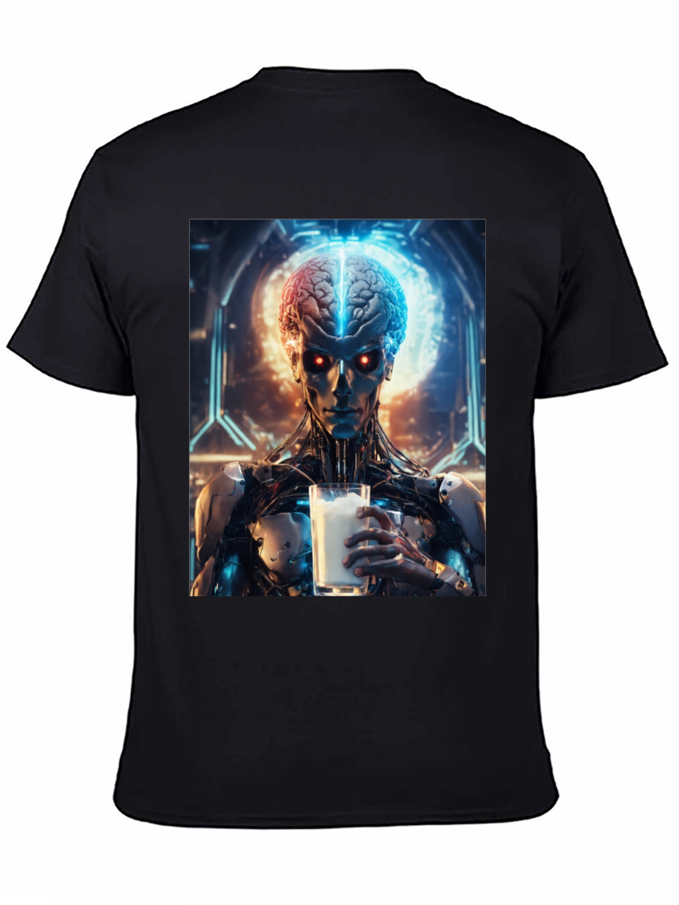 Cyborg Brain Milk T-Shirt - Futuristic Sci-Fi Design