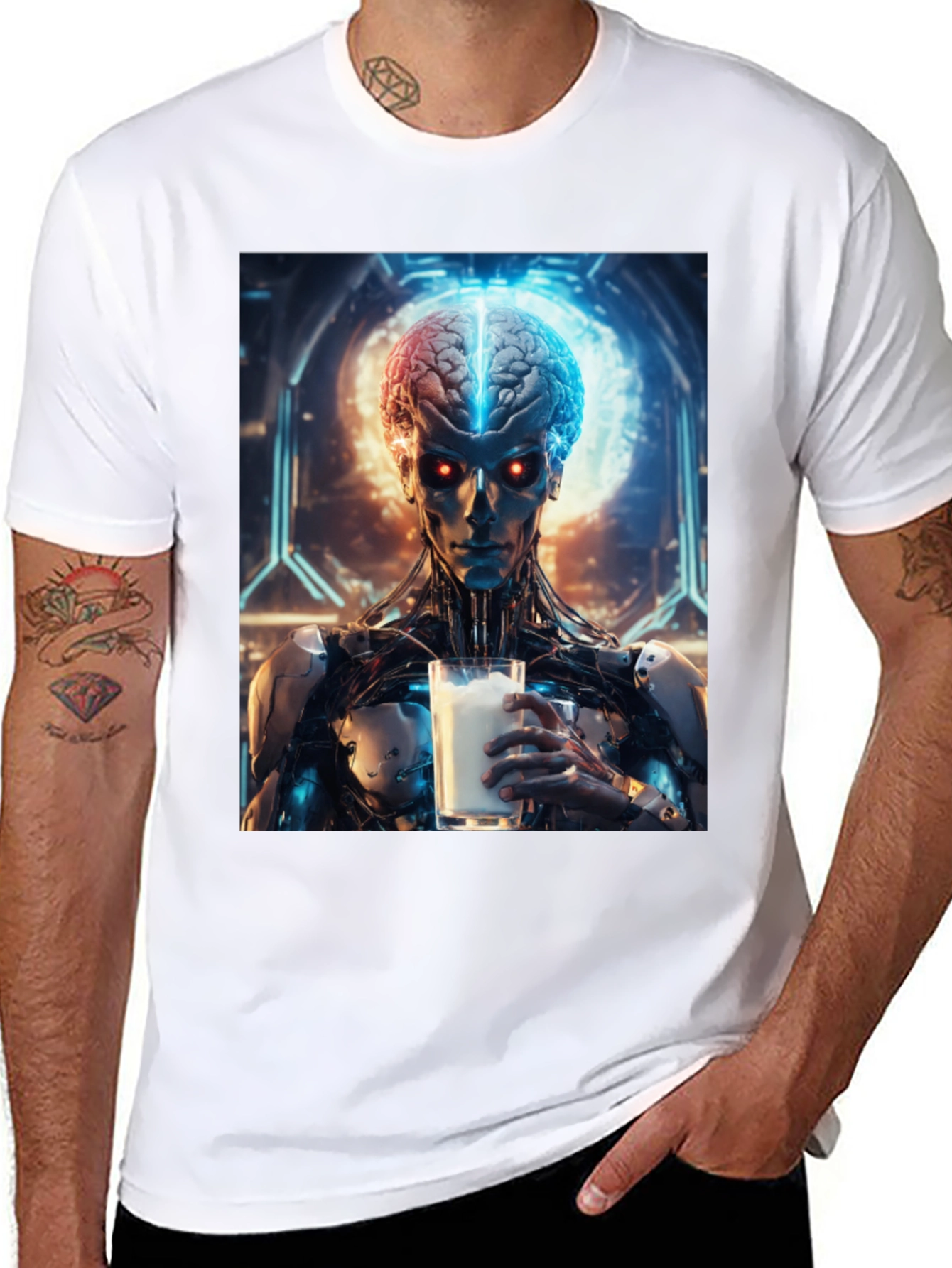 Cyborg Brain Milk T-Shirt - Futuristic Sci-Fi Design