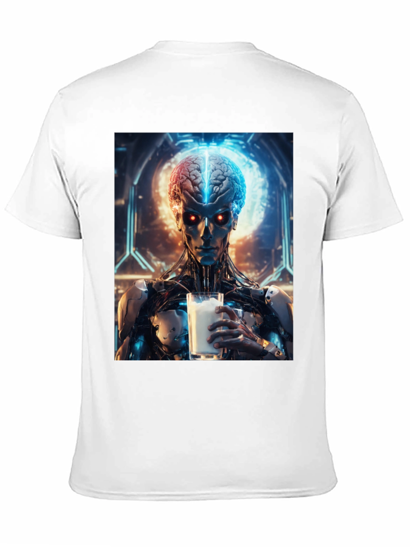 Cyborg Brain Milk T-Shirt - Futuristic Sci-Fi Design